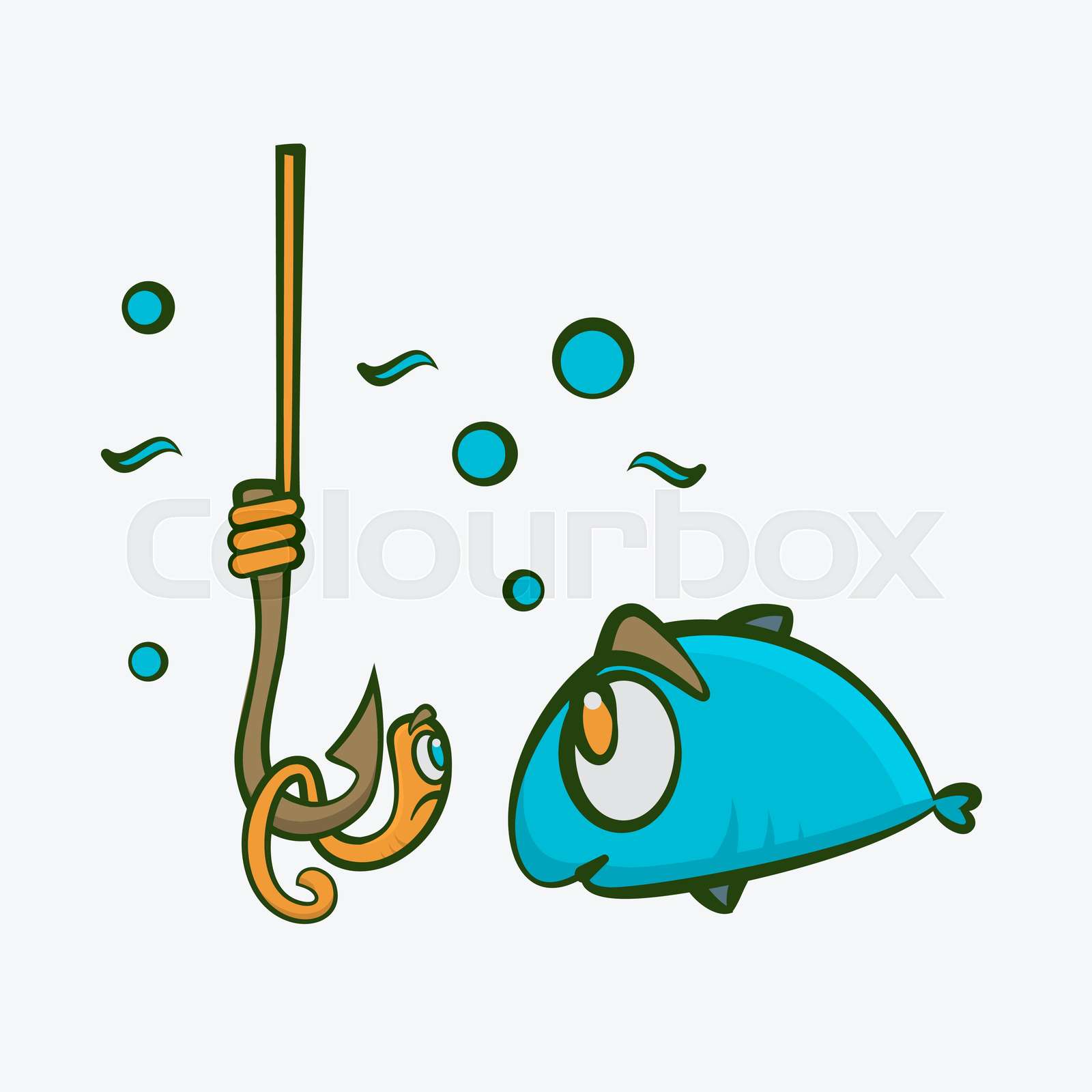 Cartoon fish and worm characters on a fishing hook | Stock vector