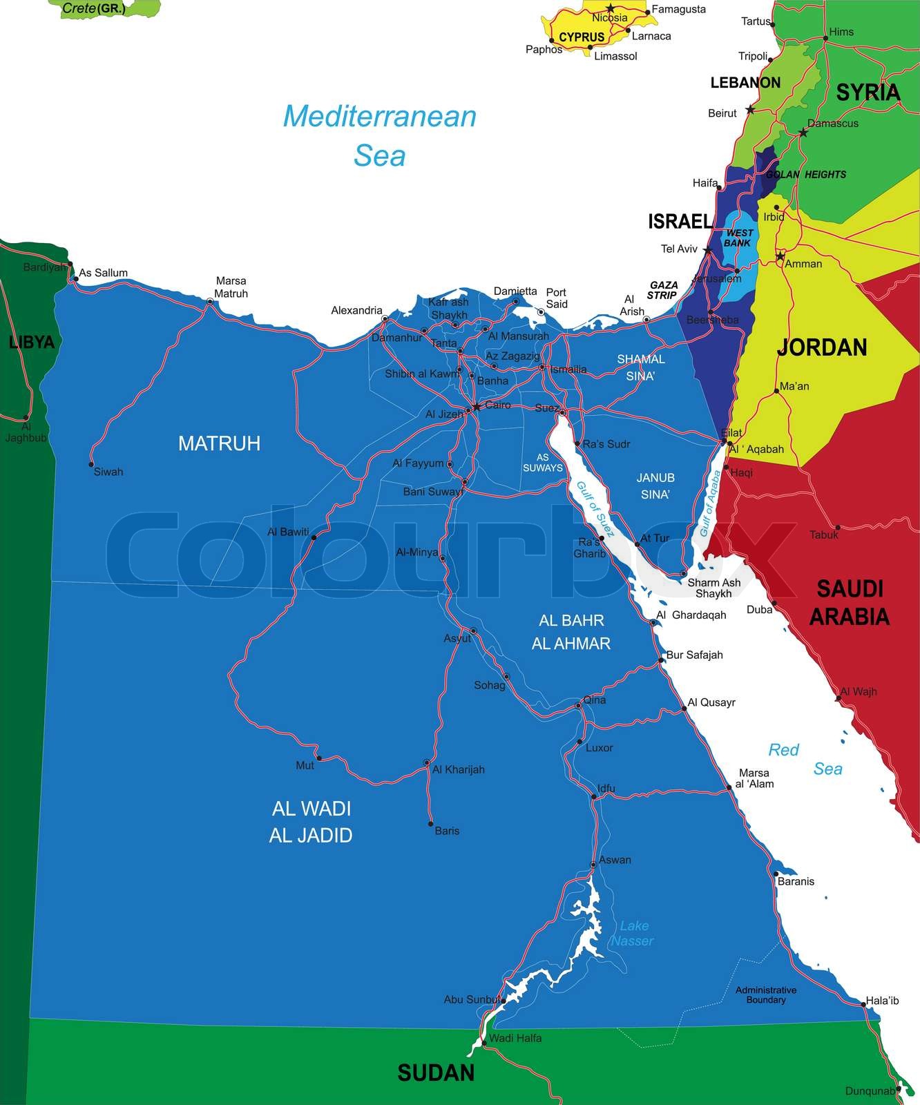Vector illustration of Egypt with natural and man-made features