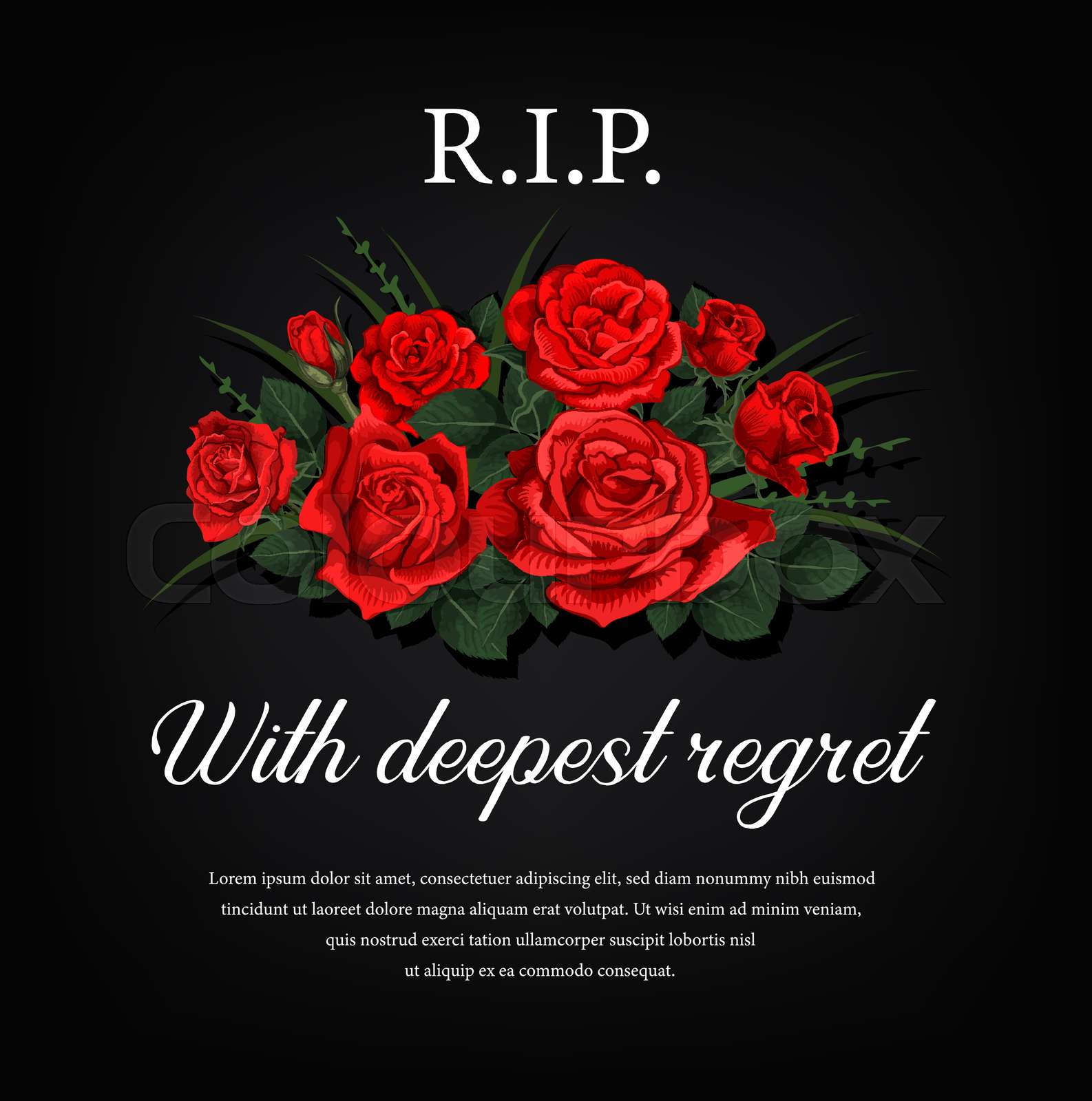 Funeral card with roses and condolence vector Stock vector Colourbox