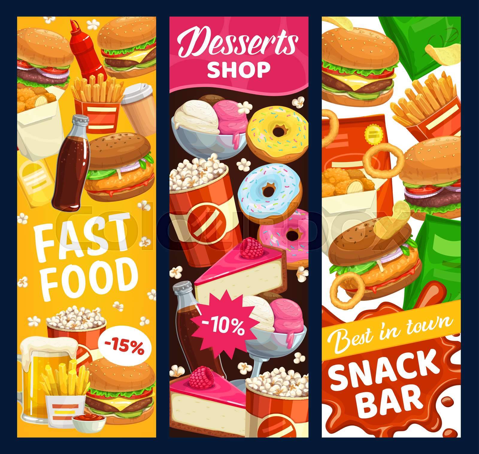 Fast food snack bar and desserts vector banners Stock vector Colourbox