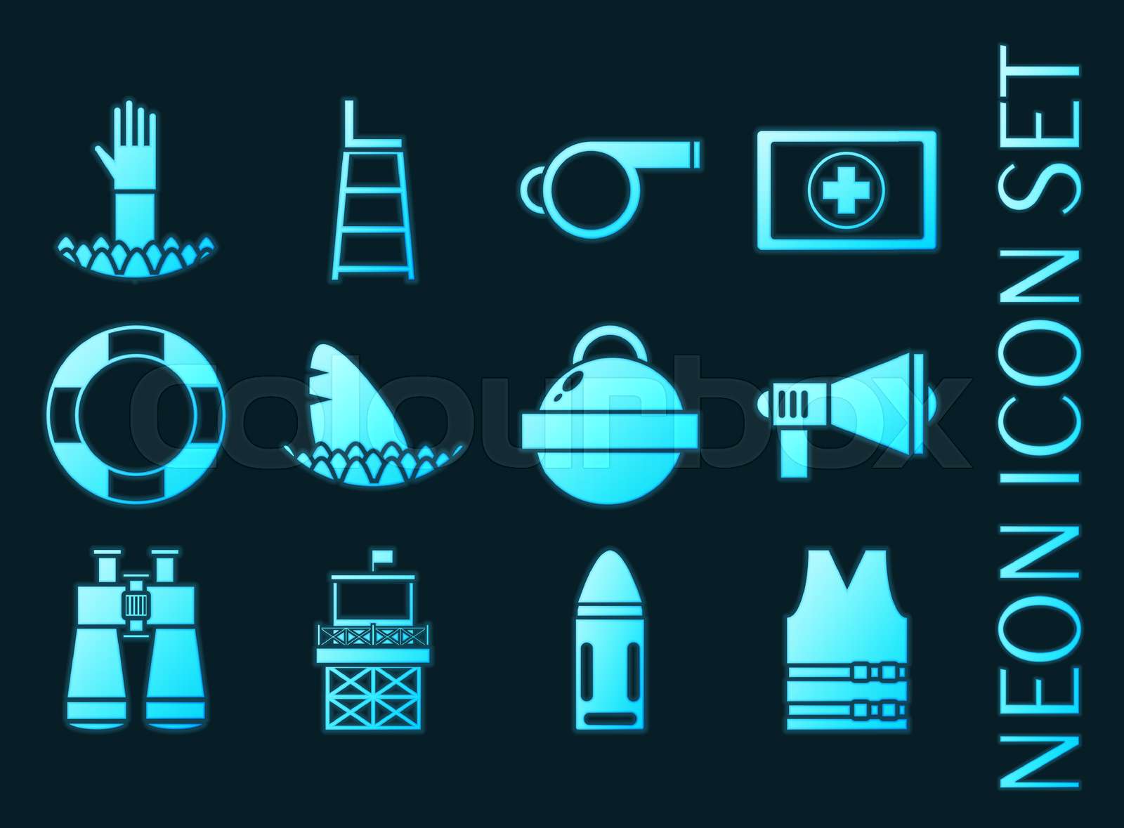 Lifeguard set icons. Blue glowing neon style. | Stock vector | Colourbox