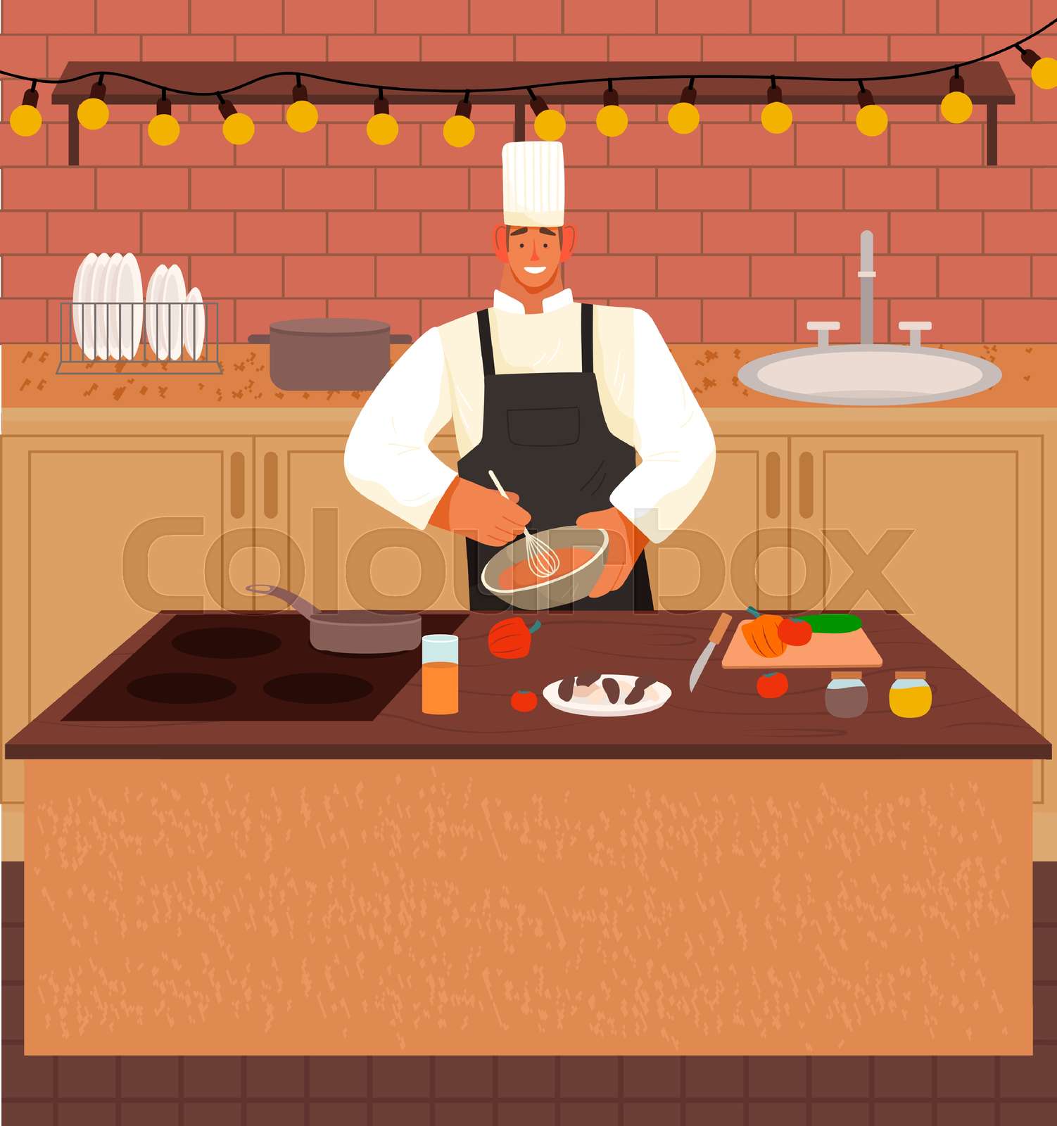 Chef man cook dish at kitchen, isolated cartoon character smiling, guy ...