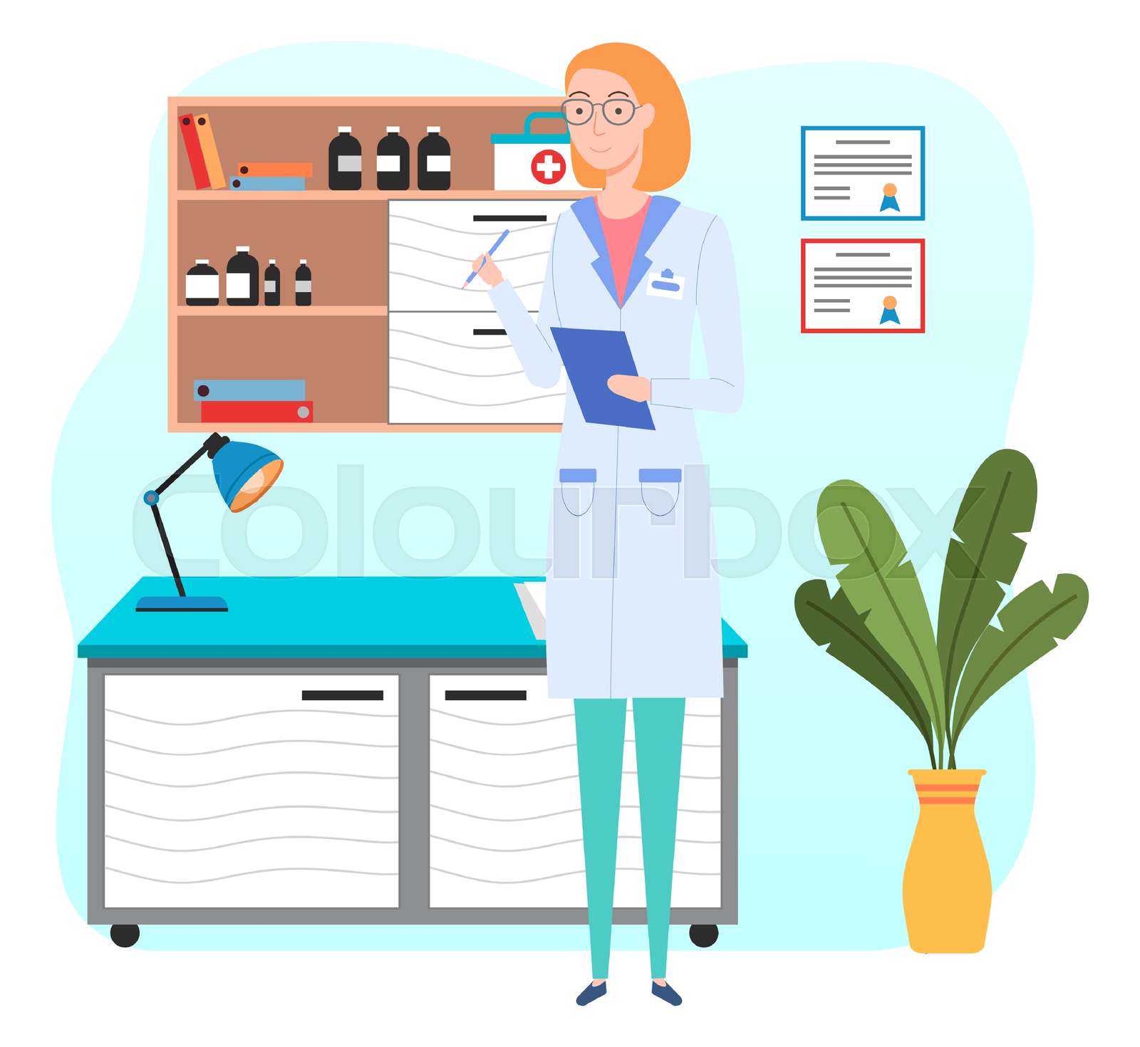 Cartoon female doctor in the medical office holding a blank clipboard