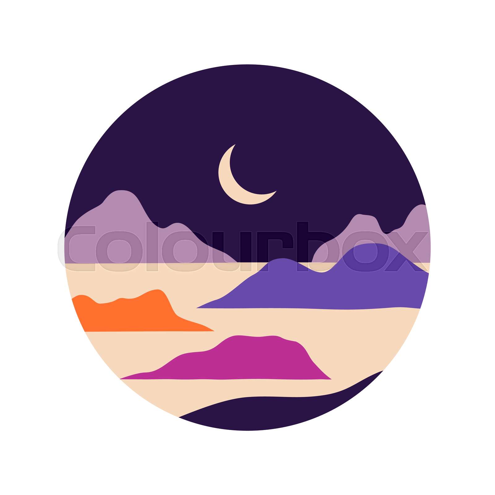 vector abstract contemporary aesthetic round icon or sticker of landscapes with mountains roads sunrise sunset boho wall print decor in flat style mid century modern minimalist art stock vector colourbox