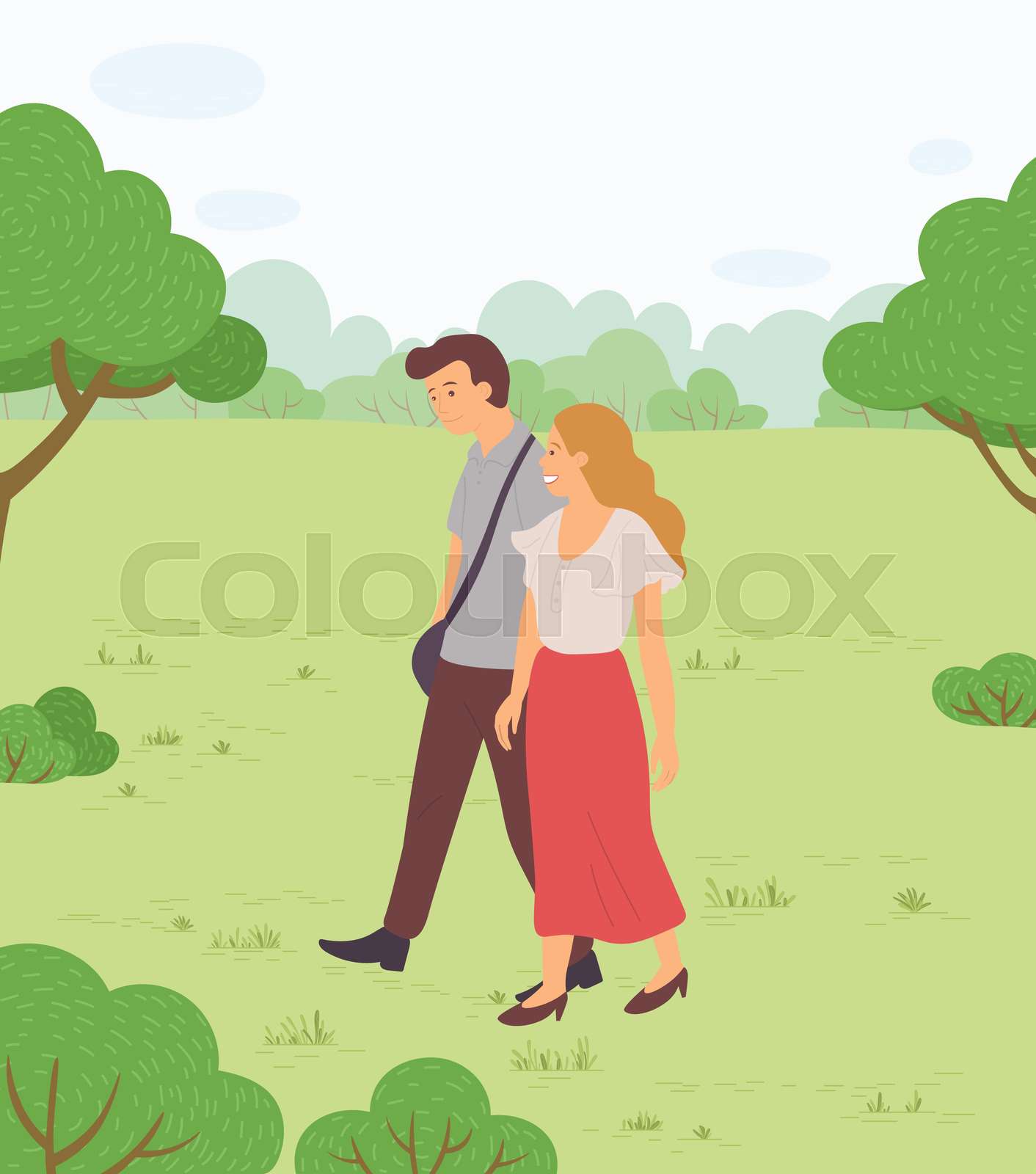 Couple walking in a park. Young guy and girl holding hands walking in ...
