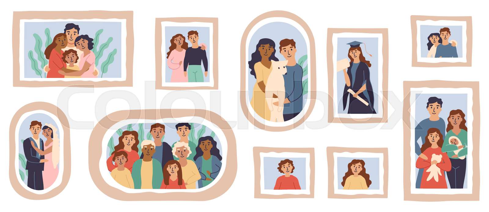 Vector family photo frames. Happy people portraits Stock vector