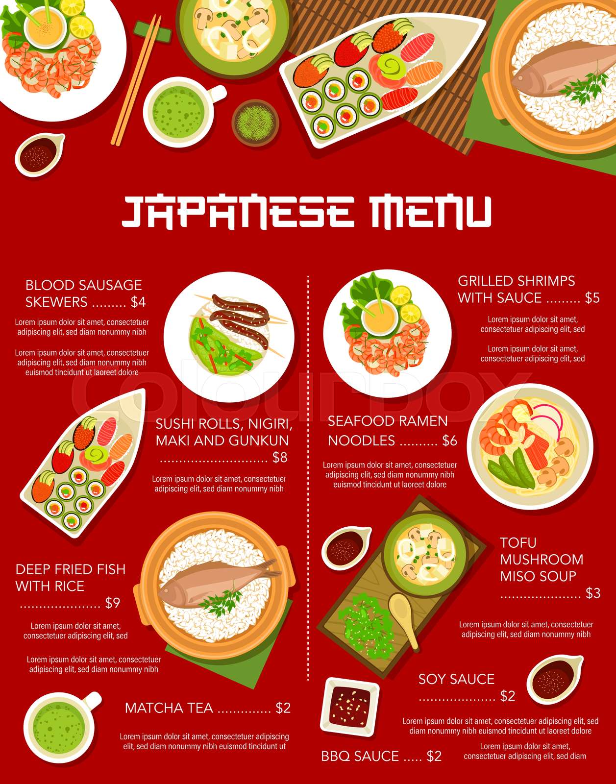 Japanese food cuisine, Japan menu noodles ramen Stock vector Colourbox