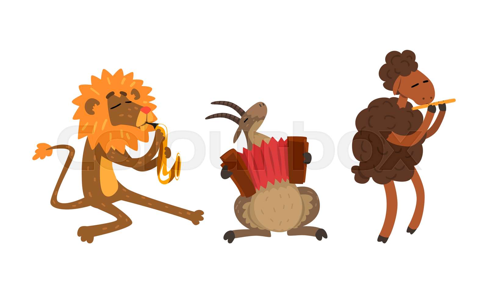 Wild Animals Playing Musical Instruments Set, Goat, Lion, Sheep Playing