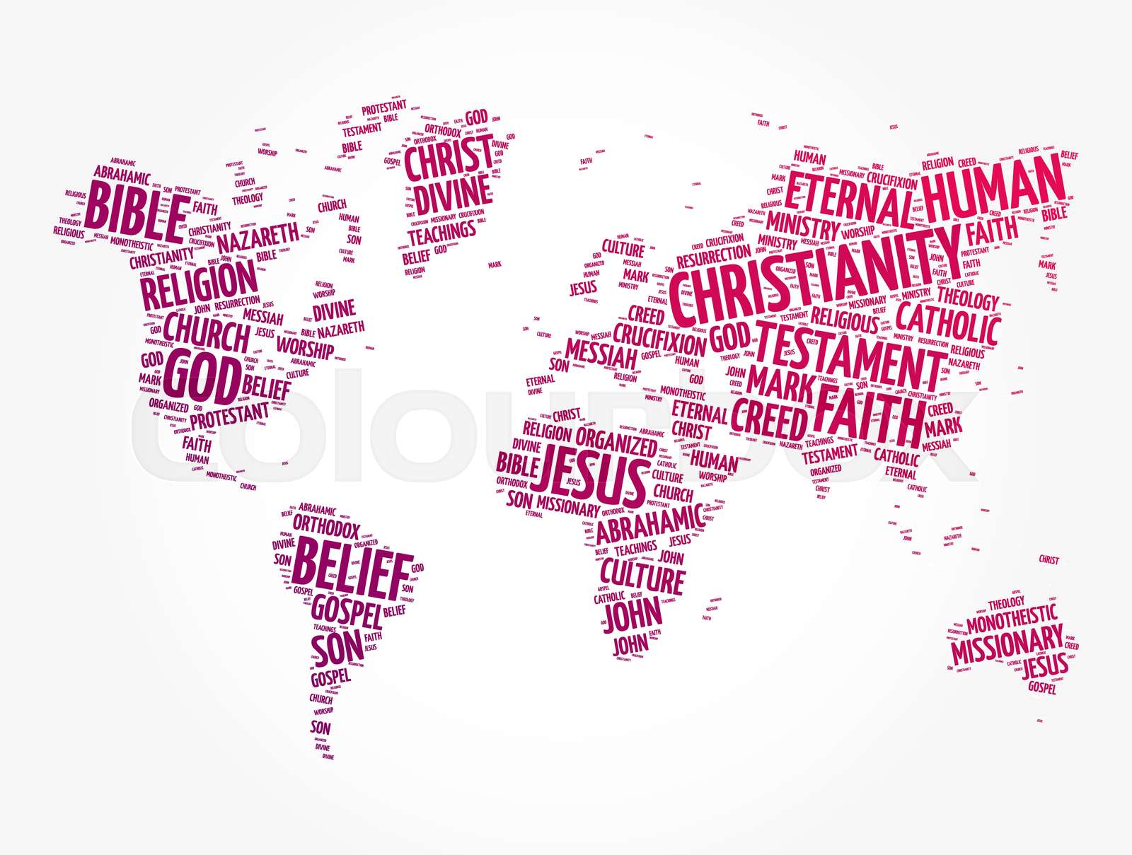 Christianity word cloud in shape of world map, religion concept