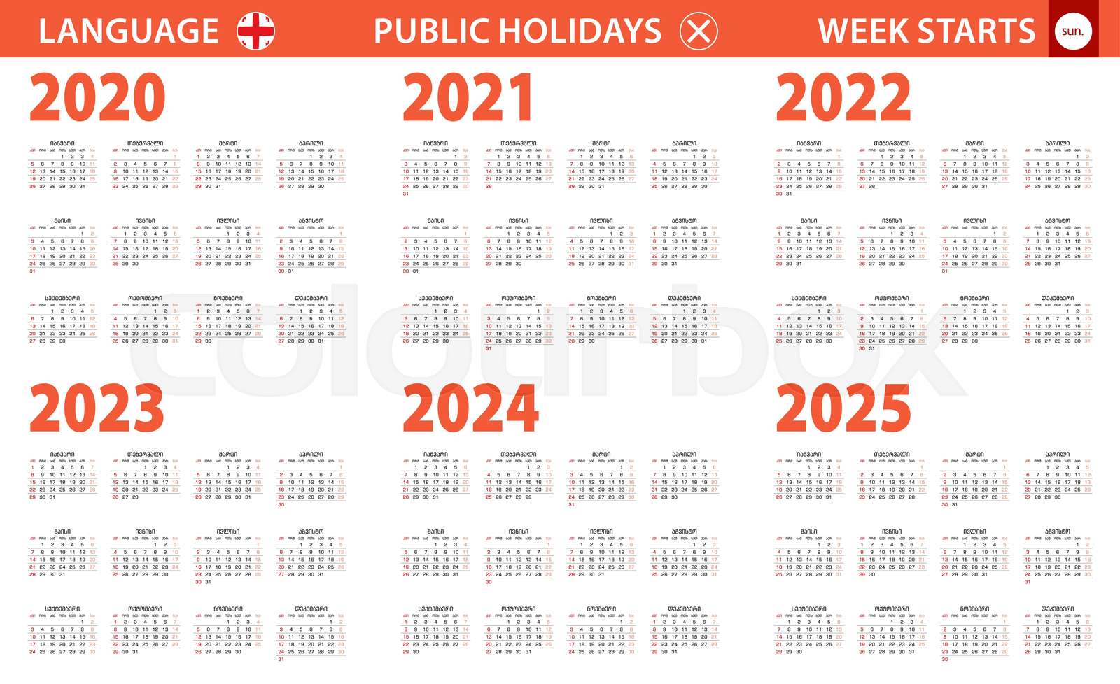 20202025 year calendar in language, week starts from Sunday