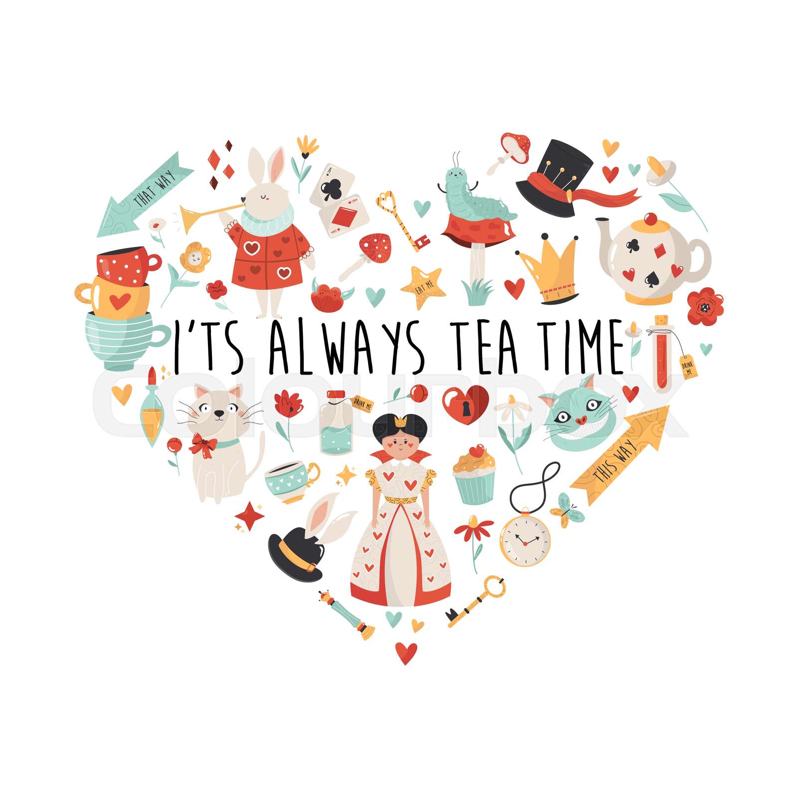 Colorful compositions with characters, symbols of Alice in Wonderland ...