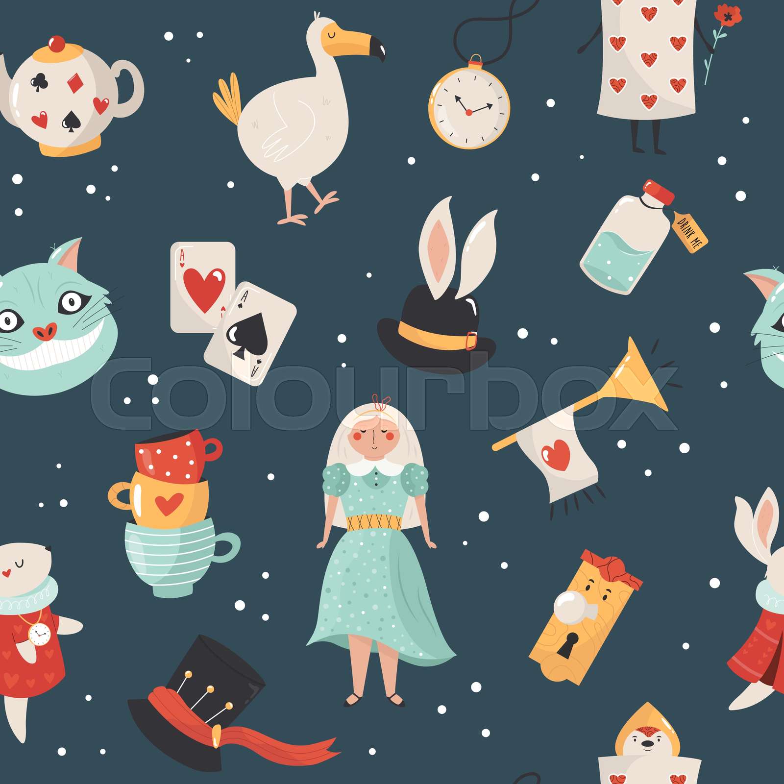 Seamless pattern with symbols from Alice in Wonderland Stock vector