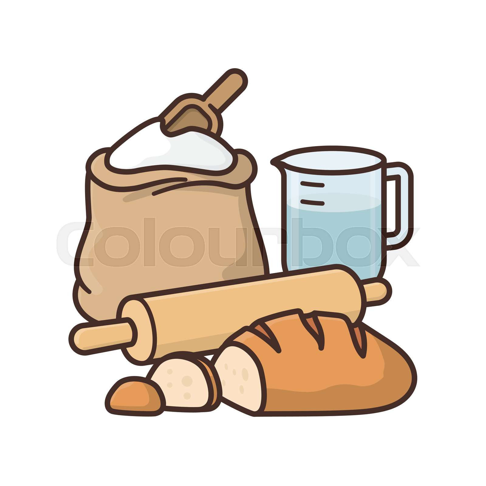 Homemade bread, ingredients and utensils isolated vector illustration