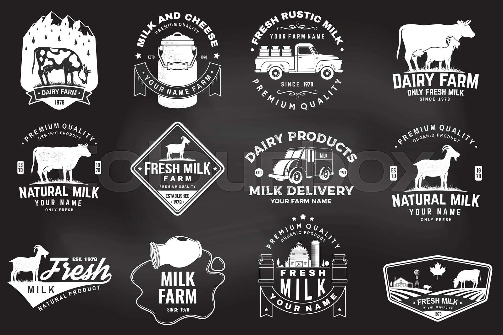 Dairy farm. Only fresh milk badge, logo on the chalkboard. Vector