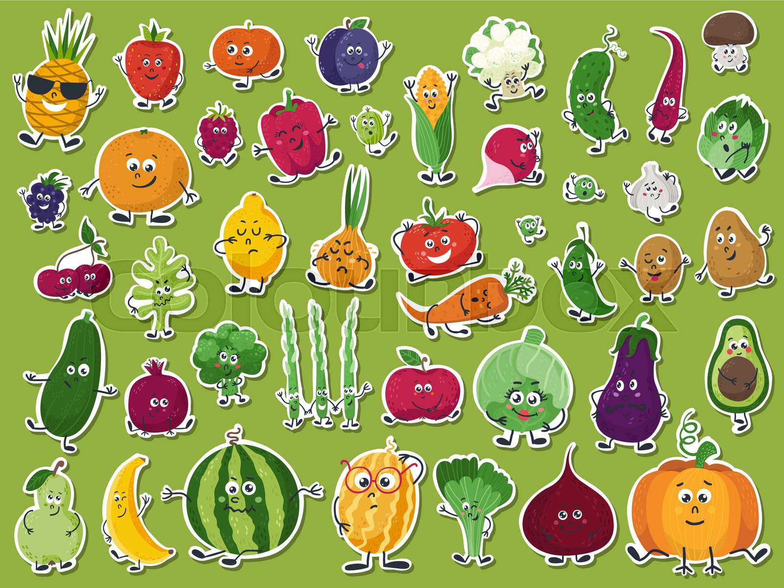 Set of stickers with cute vegetables and fruits | Stock vector | Colourbox