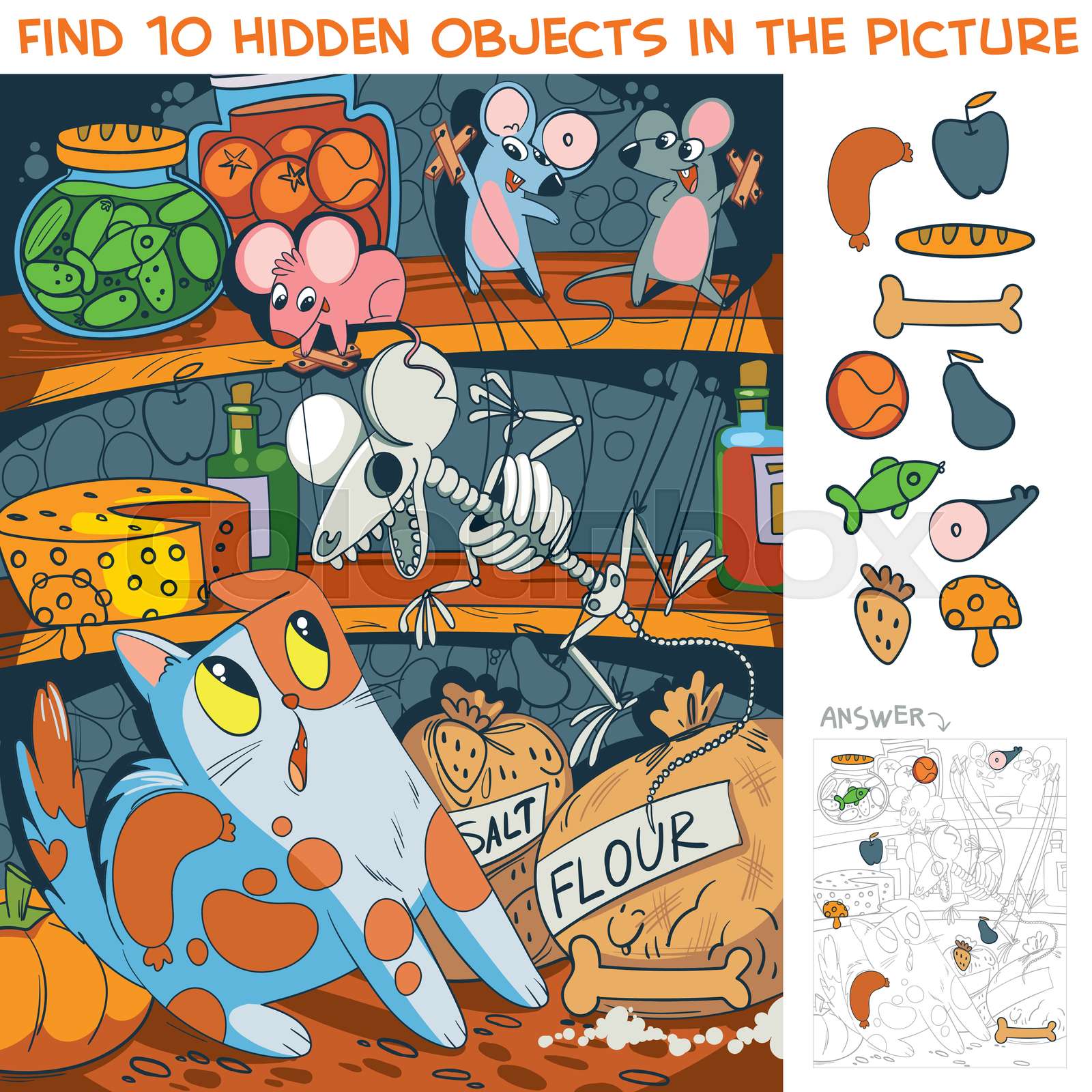 Mice scare cat. Find 10 hidden objects Stock vector Colourbox
