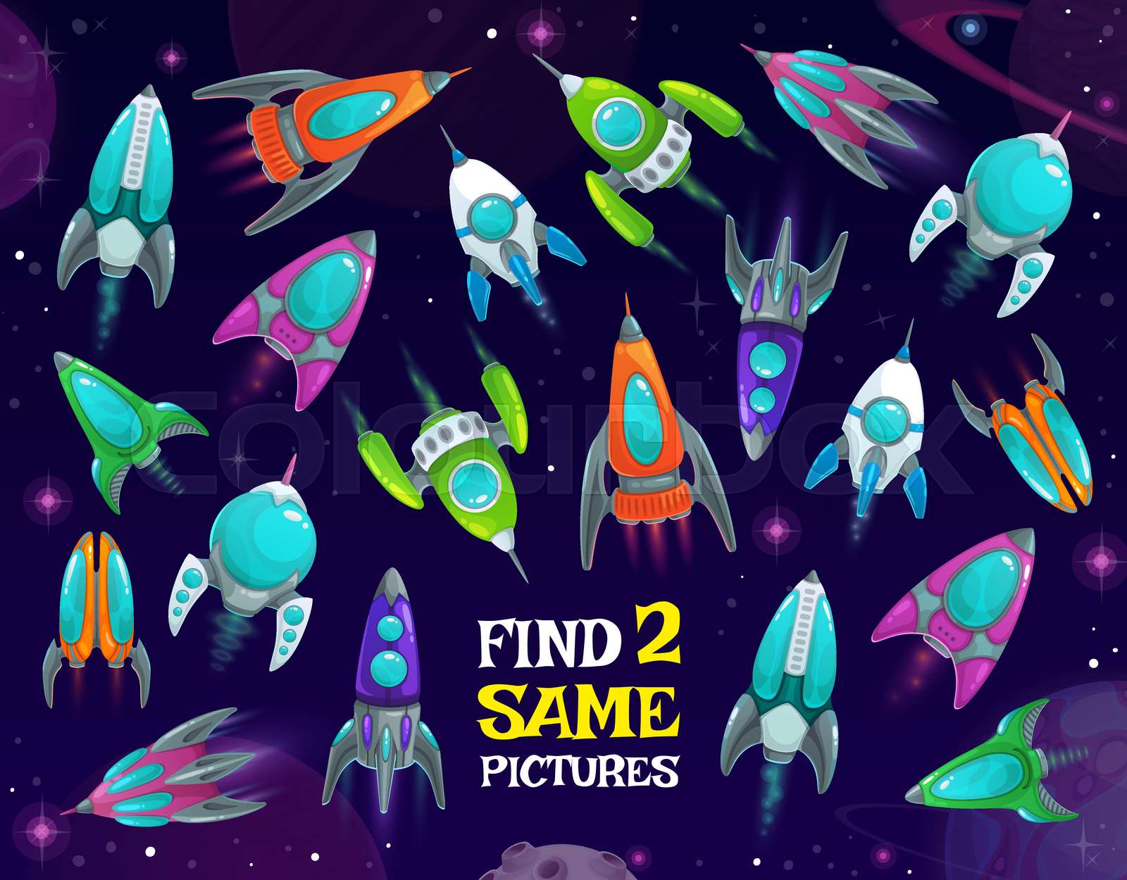 Spaceships in space kids game, find same rockets | Stock vector | Colourbox