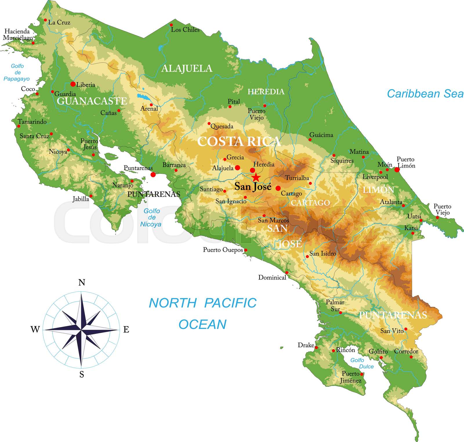 Costa Rica Physical Map Stock Vector Colourbox 1600px COLOURBOX51090377
