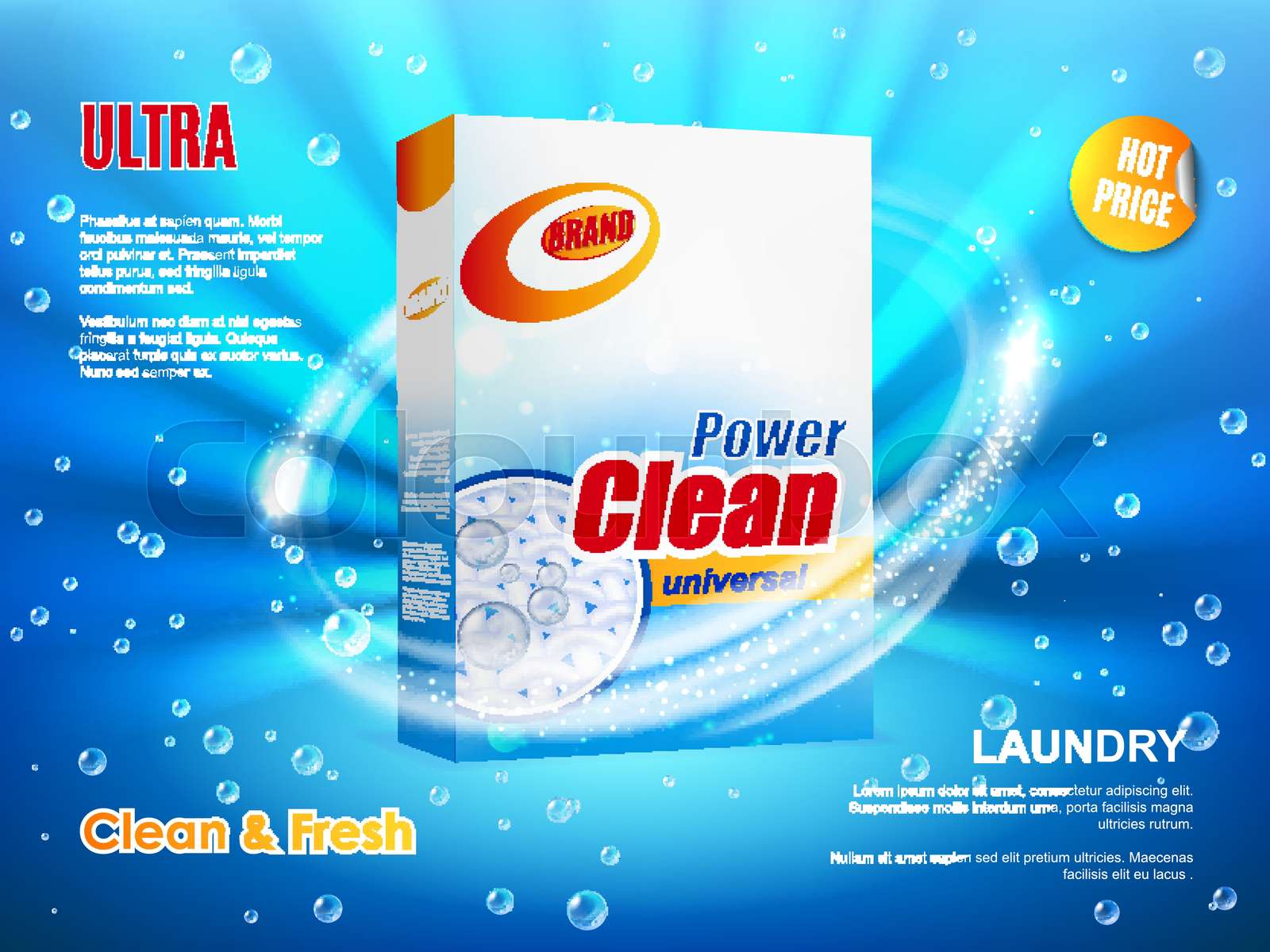 Washing powder packaging, vector ad poster design Stock vector