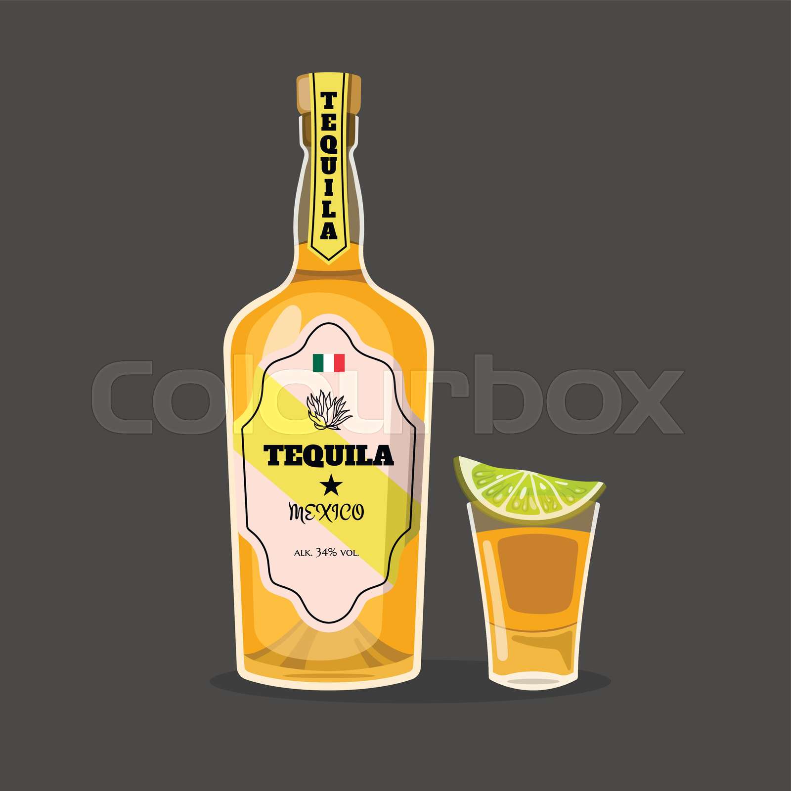 Cartoon tequila bottle. Mexican alcohol. Isolated drawing of mexico