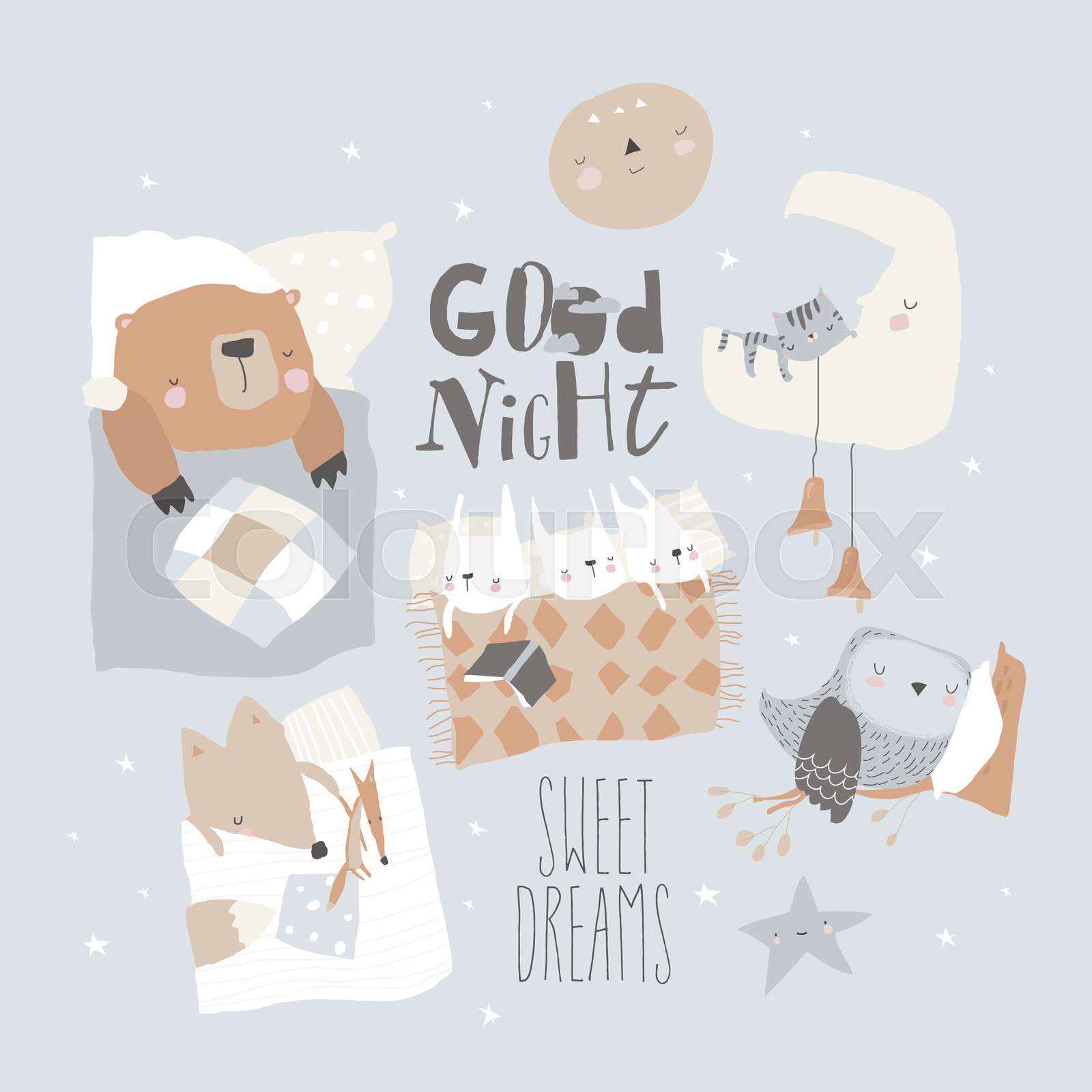 Cute Cartoon Animals sleeping in Beds. Sweet Dreams | Stock vector
