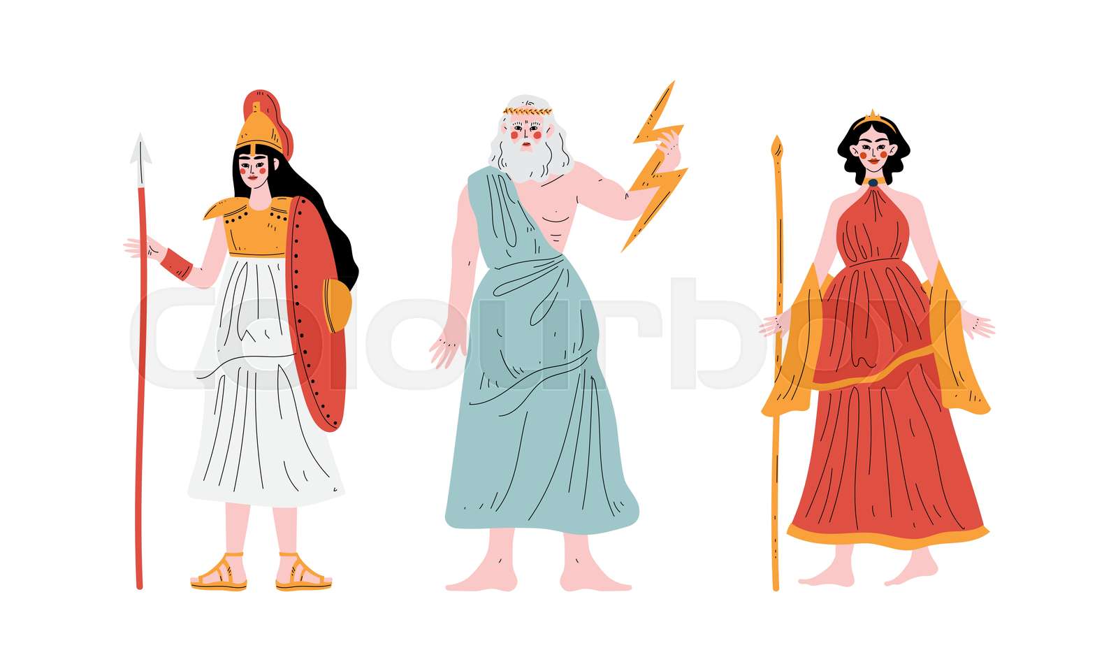 Ancient Greek God with Zeus Holding Lightning Bolt and Athena with