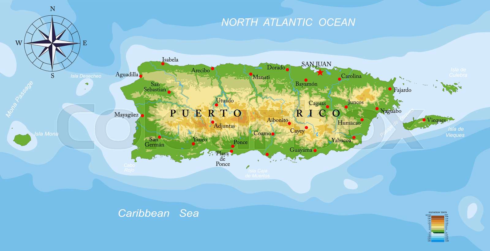 Highly Detailed Physical Map of Puerto Rico