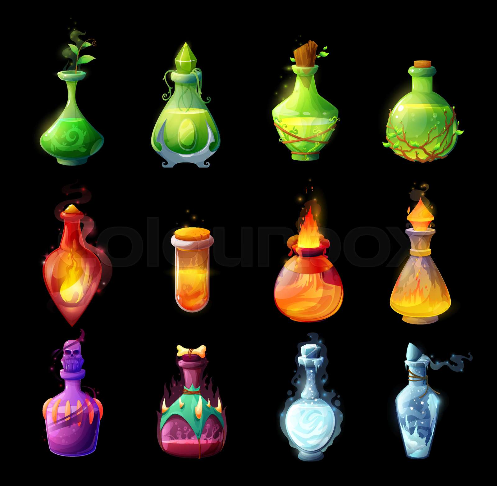Cartoon magic potions bottles, game design icons | Stock vector | Colourbox
