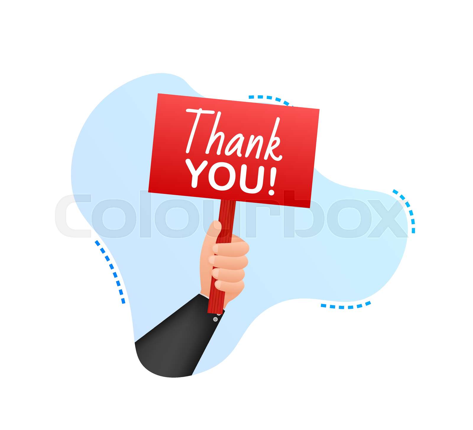 Thank you. Cartoon poster with hand holding placard for banner design