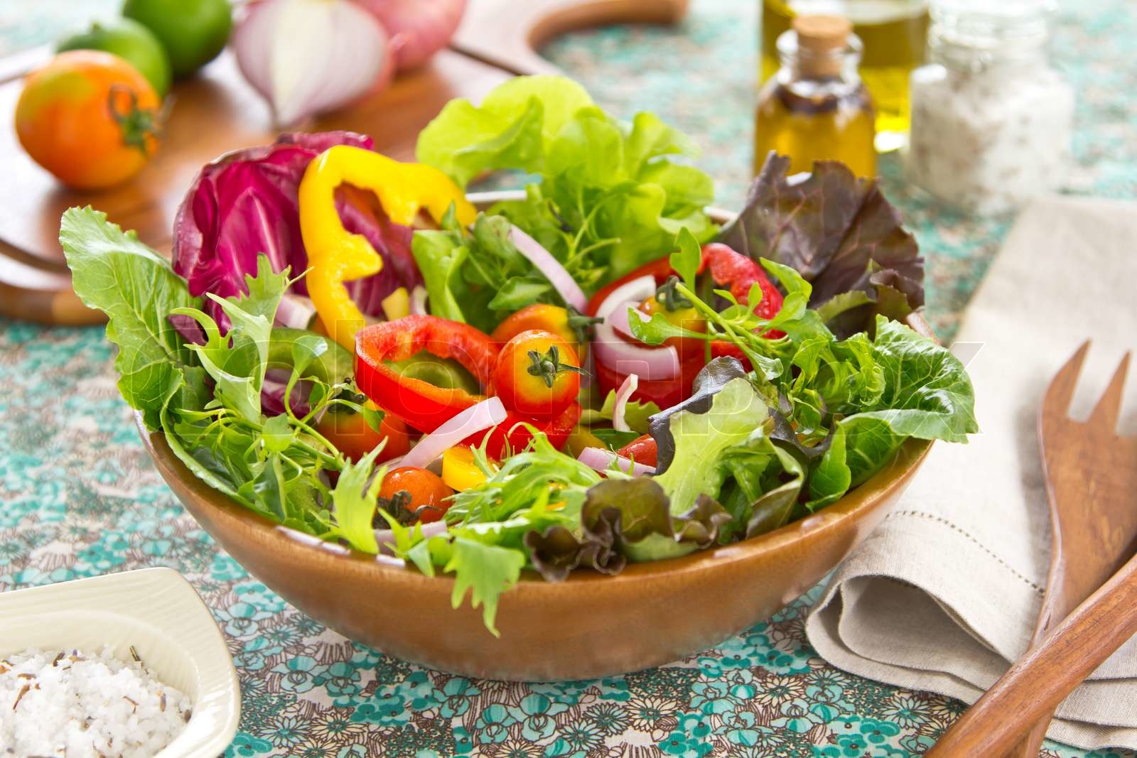 Healthy salad in wood bowl Stock image Colourbox