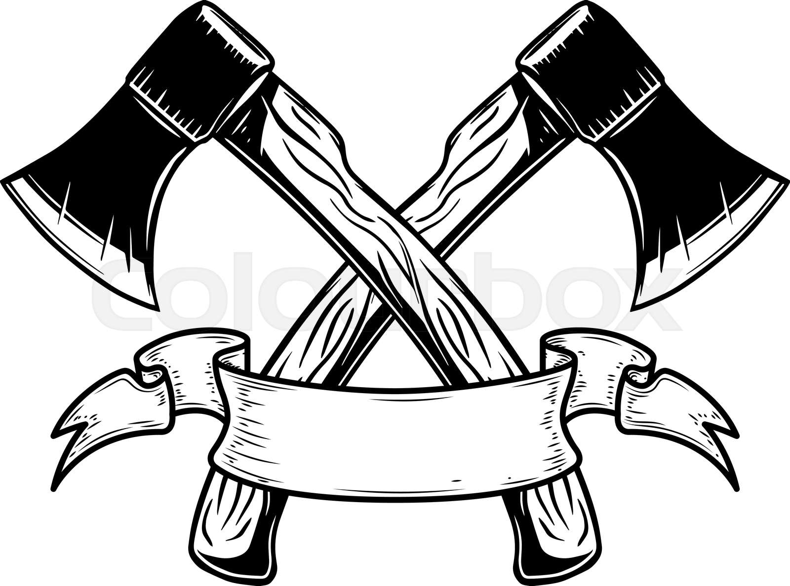 Two Crossed Hatchets With Ribbon Design Element For Logo Label Sign