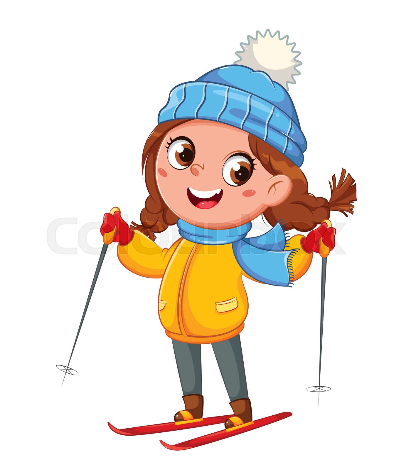 Kid skiing, cute skier girl cartoon character Stock vector Colourbox