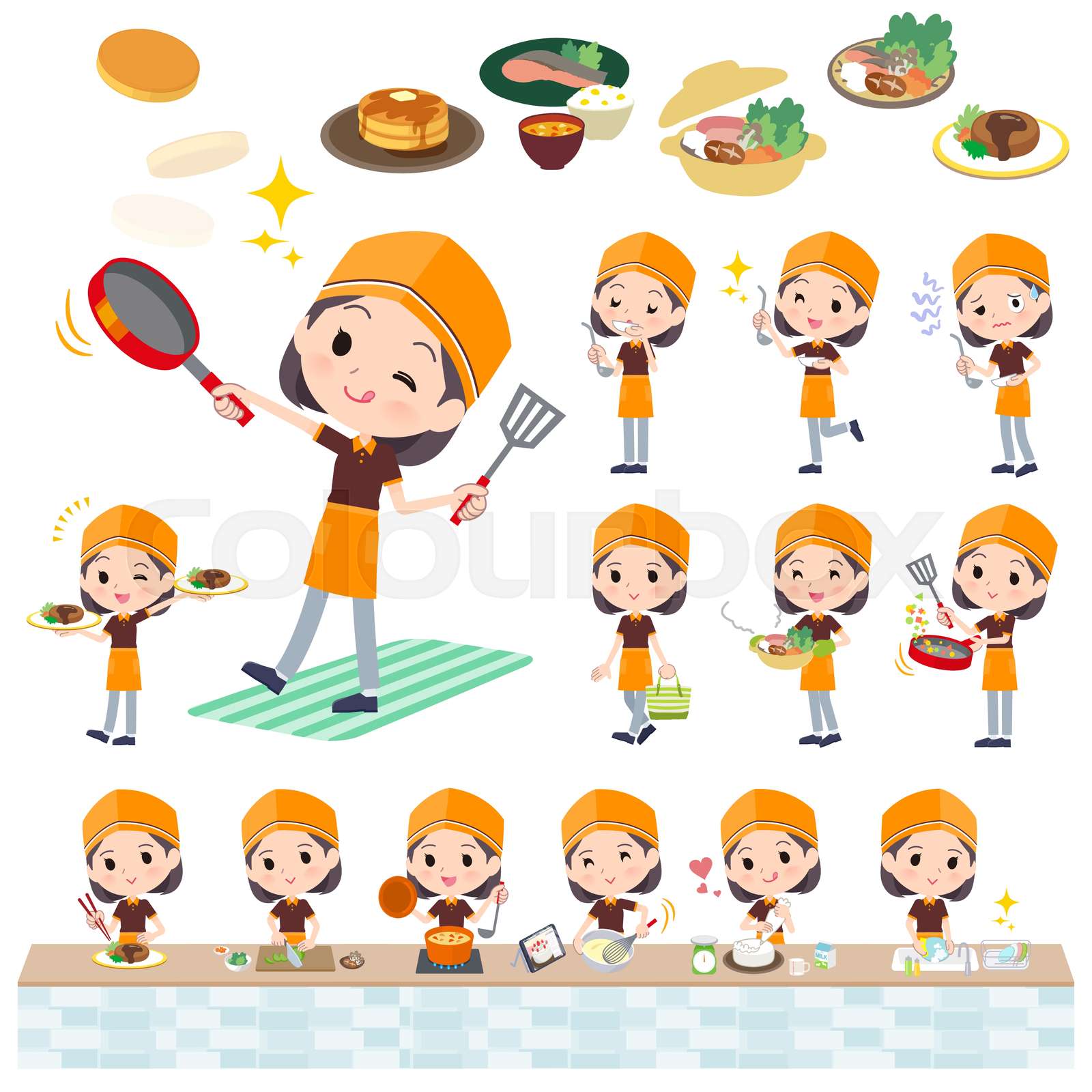 A Set Of Fast Food Clerk Woman About Cooking Stock Vector Colourbox