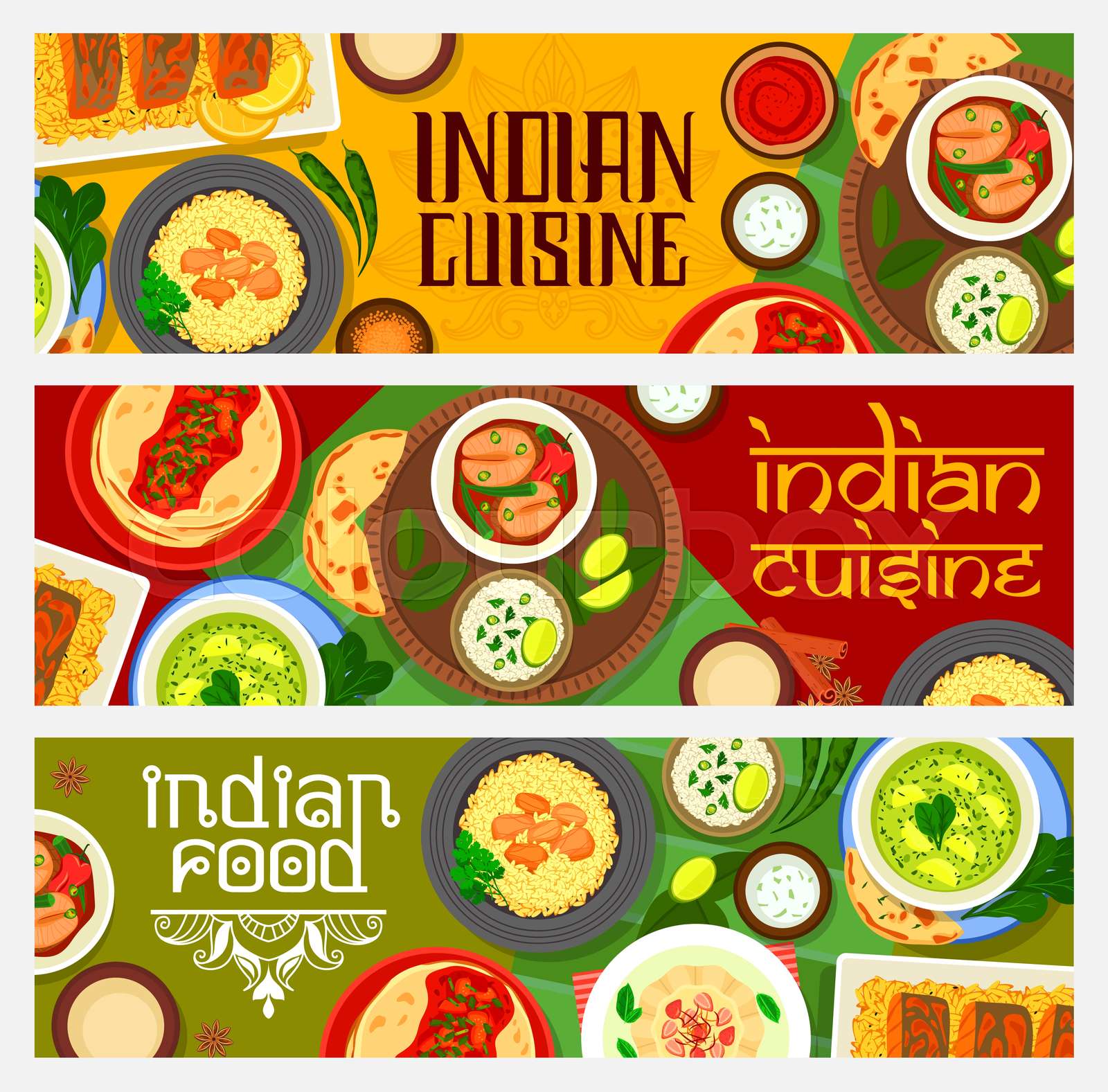 Indian cuisine food banners, spice dishes, dessert Stock vector