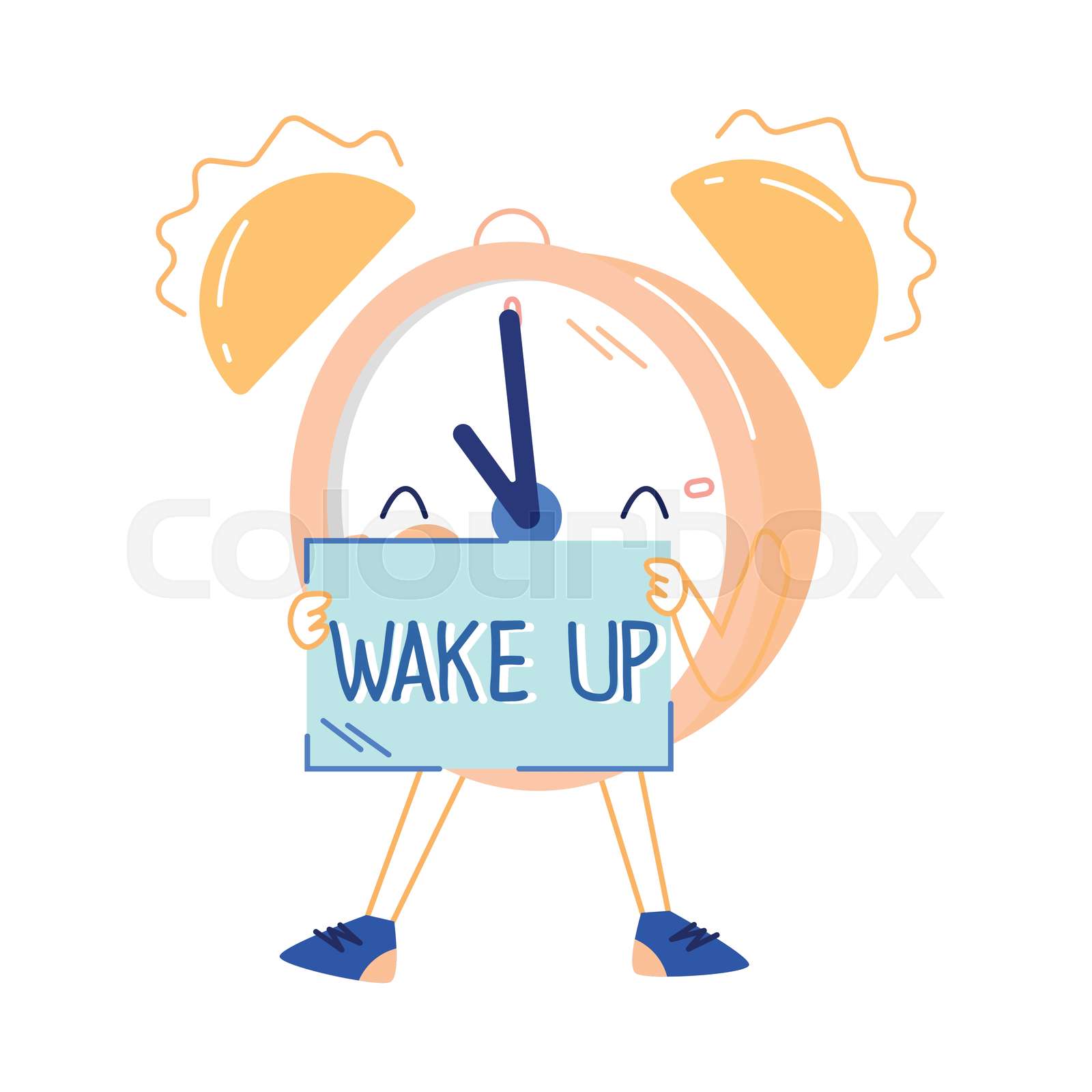 Funny Clock Character with Smiling Face Ringing Showing Wake Up Placard