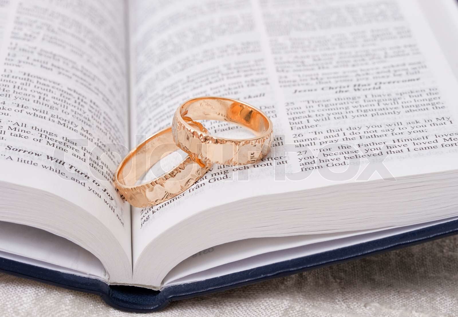 Wedding rings on bible Stock image Colourbox