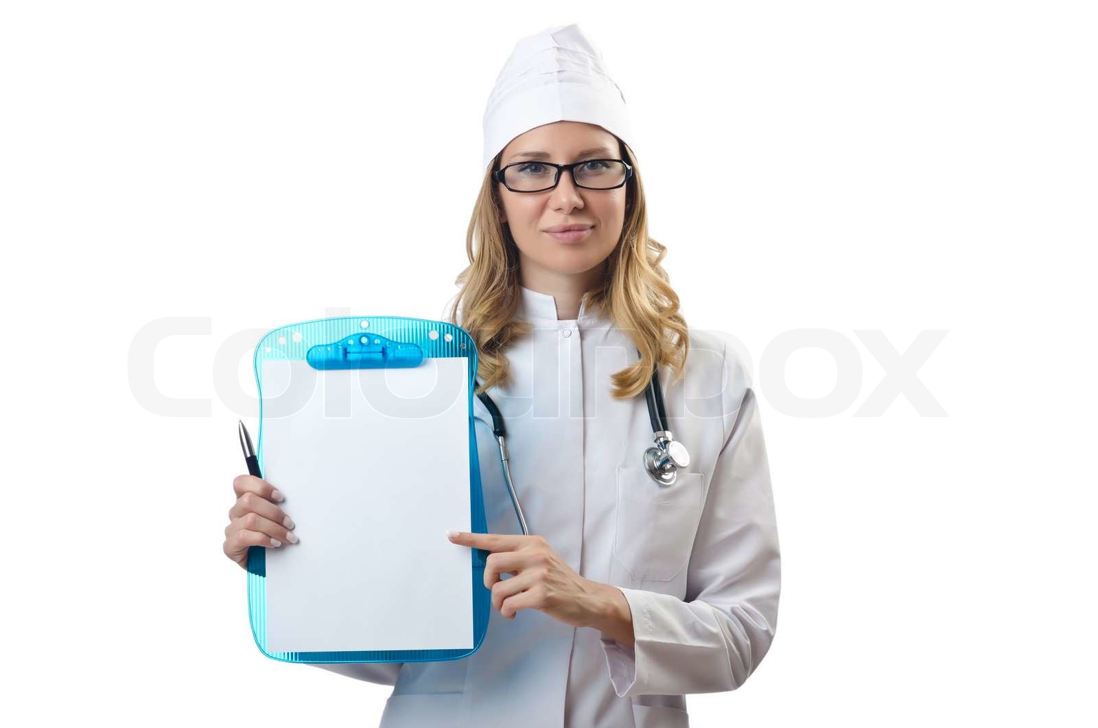 Frau Doktor isoliert auf weiß Stock Bild Colourbox