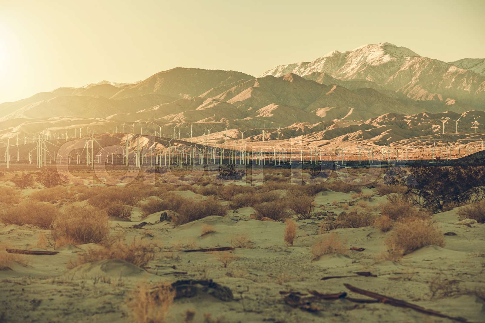 Coachella Valley California Desert Landscape with Power Plant | Stock