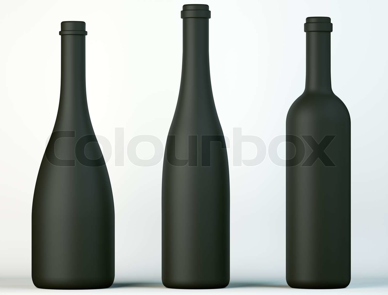 Three uncorked black bottles for wine or beverages on white | Stock ...