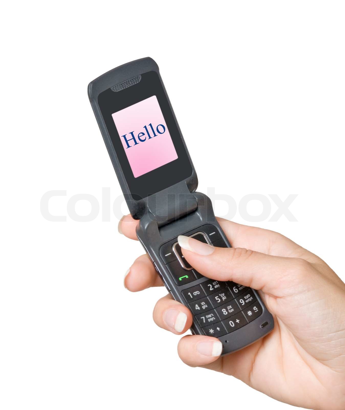 Mobile telephone with "hello" on display | Stock image | Colourbox