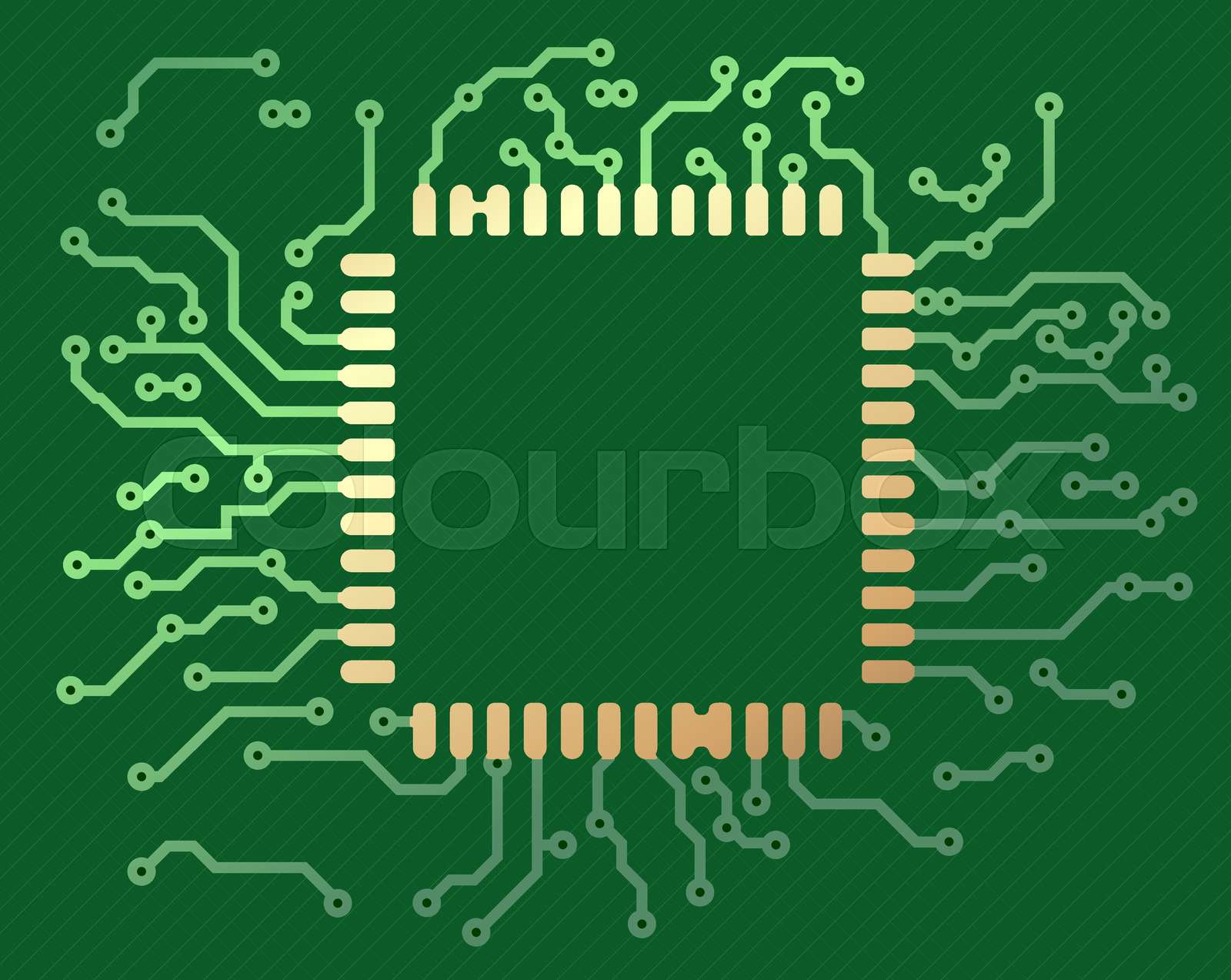 Realistic vector illustration of PCB board in green and golden tones