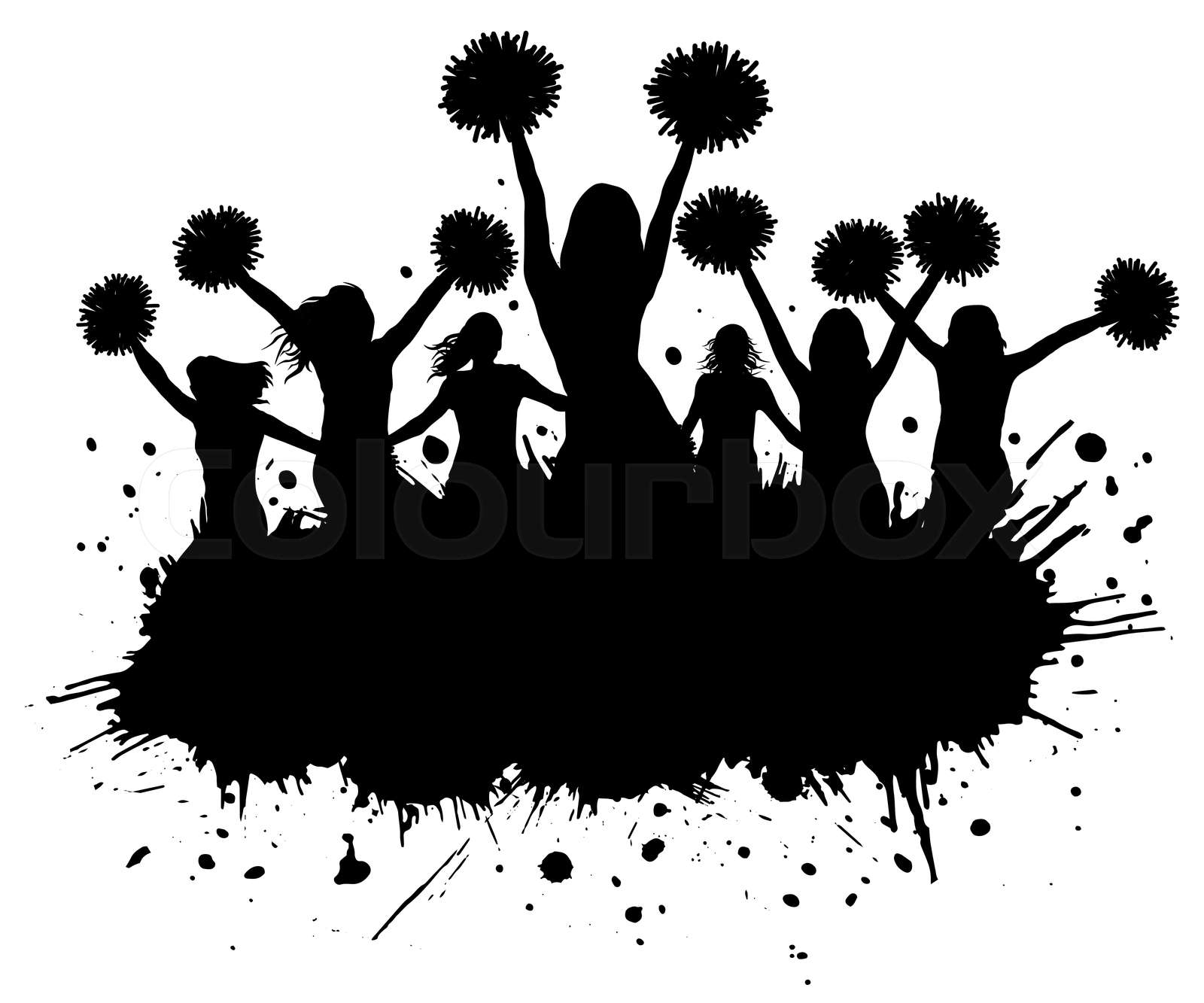 Silhouette of cheerleaders with pompoms and grunge blots, elements