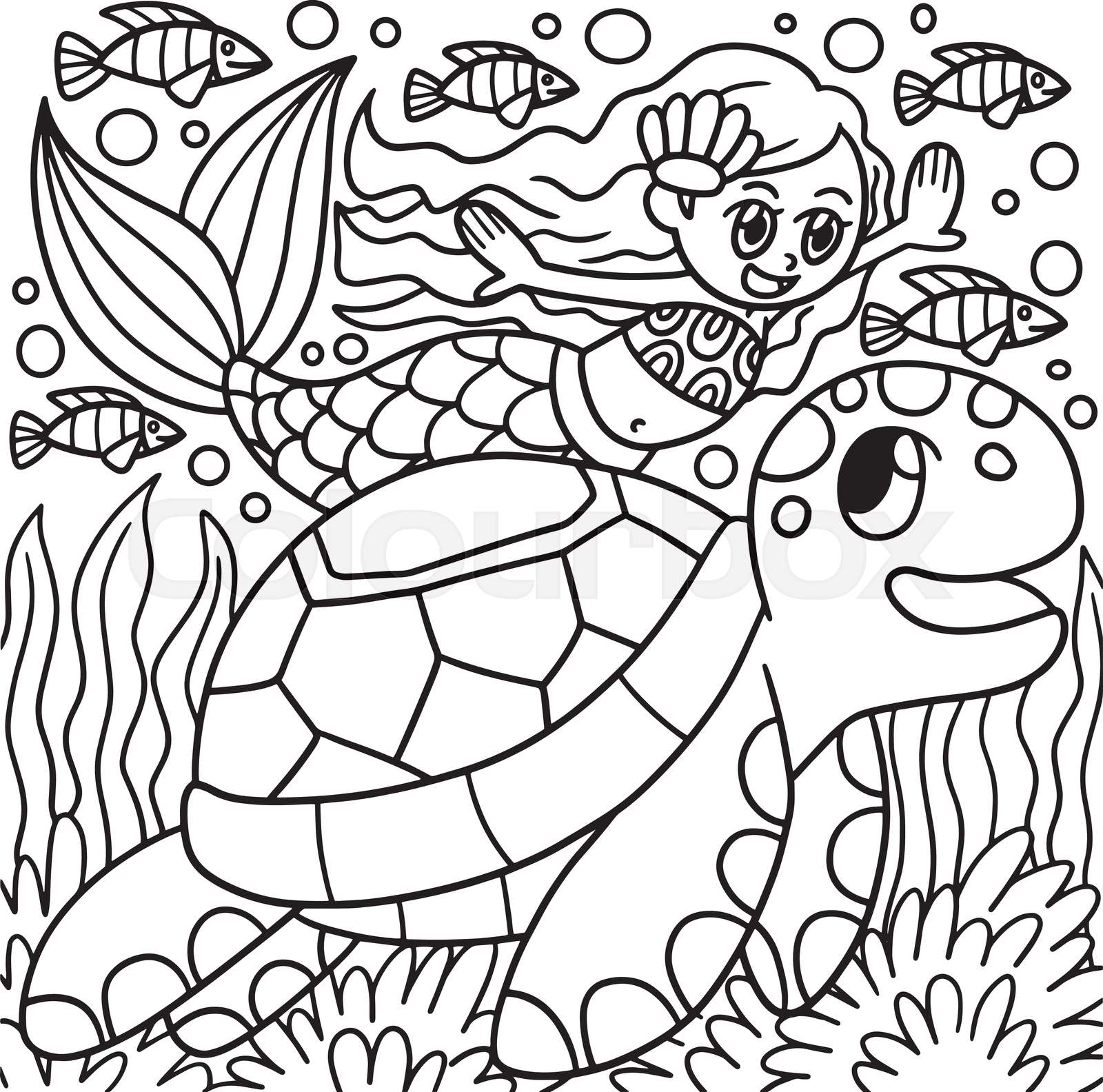 Mermaid Swimming With A Turtle Coloring Page | Stock vector | Colourbox
