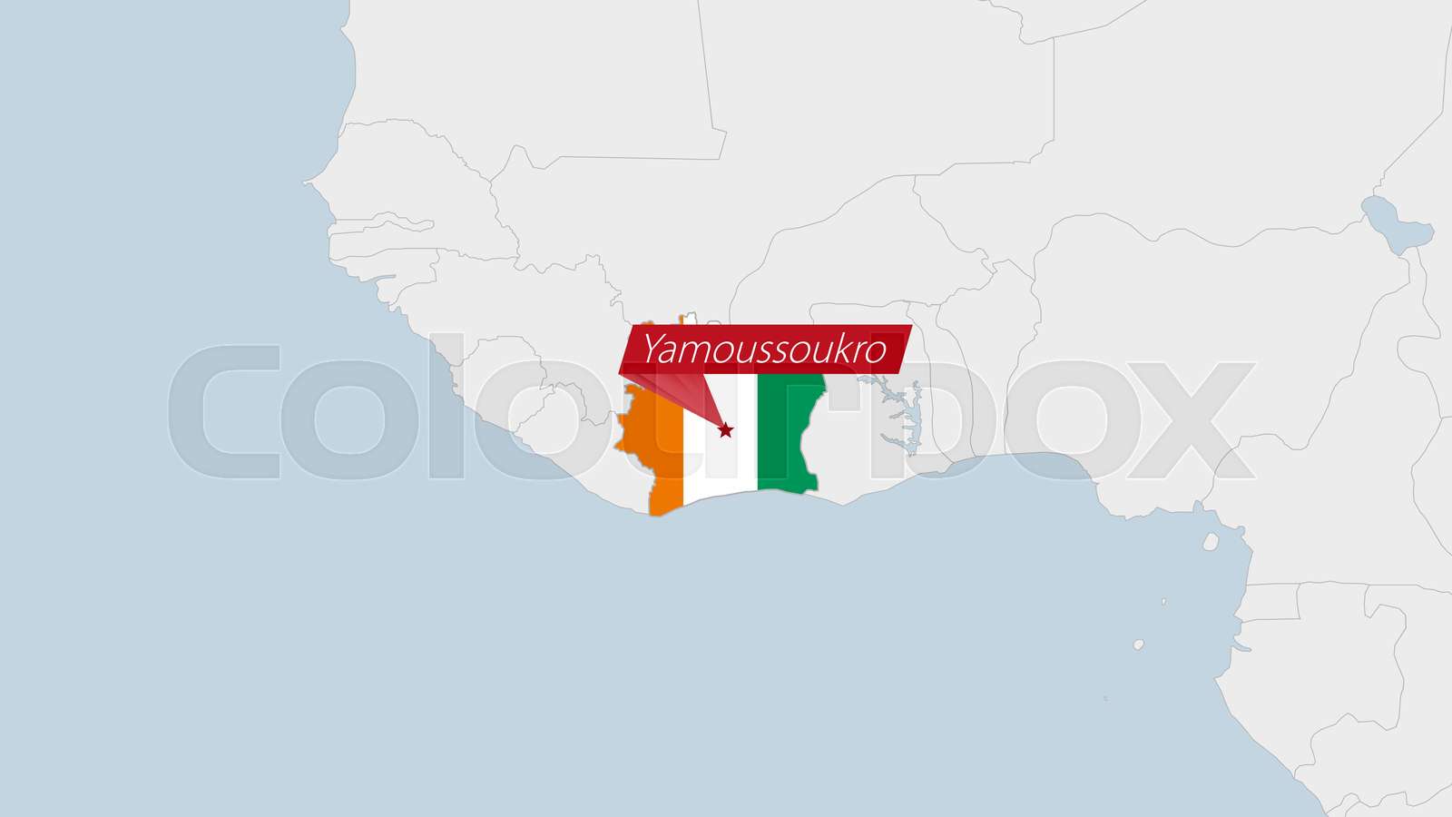 Ivory Coast map highlighted in Ivory Coast flag colors and pin of