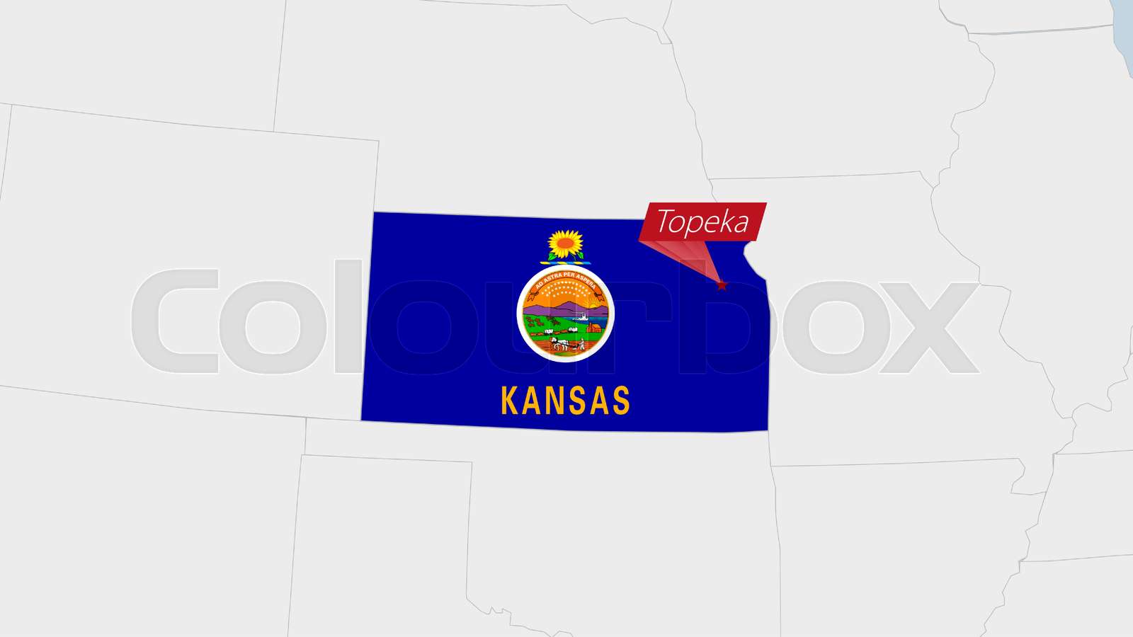 US State Kansas map highlighted in Kansas flag colors and pin of