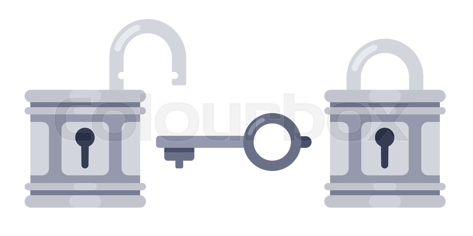 Lock and key. Open and locked locks, safety padlock keyhole flat vector