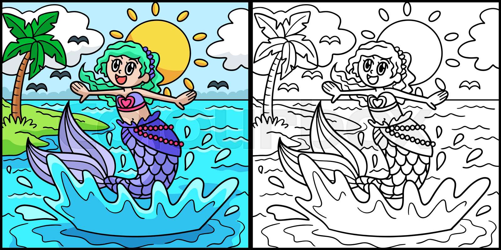 Jumping Mermaid Coloring Page Colored Illustration | Stock vector