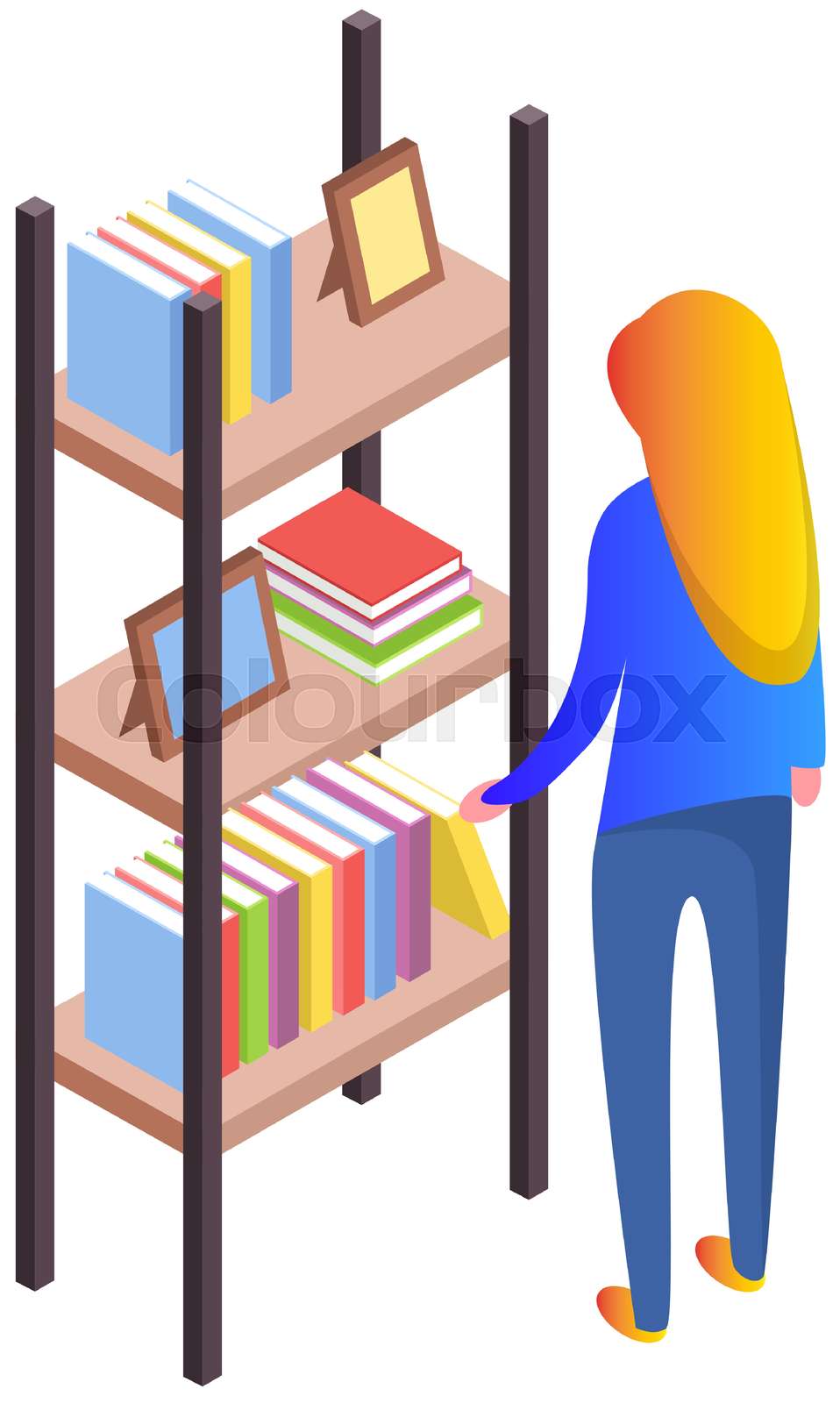 Woman takes book stands near shelf with stack of literature, female