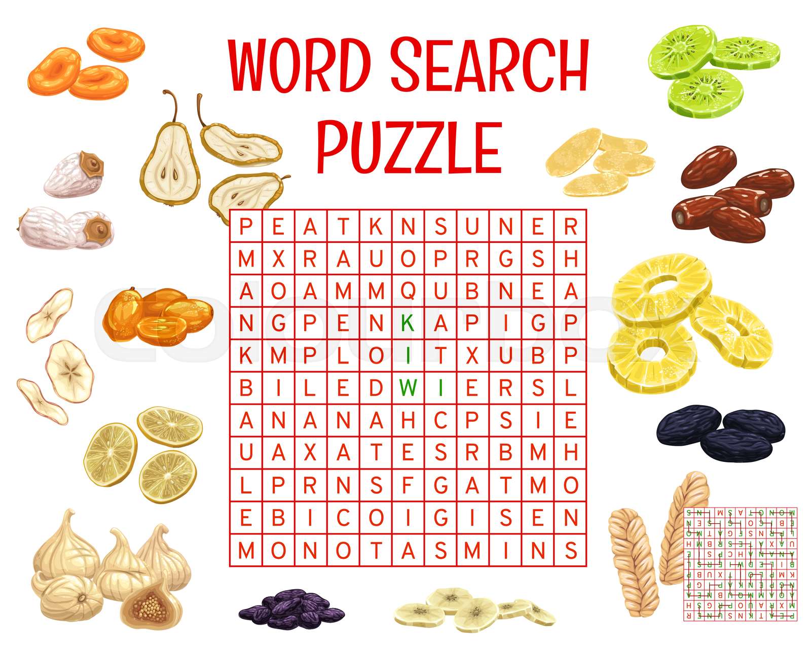 Dried fruits on word search puzzle game worksheet Stock vector