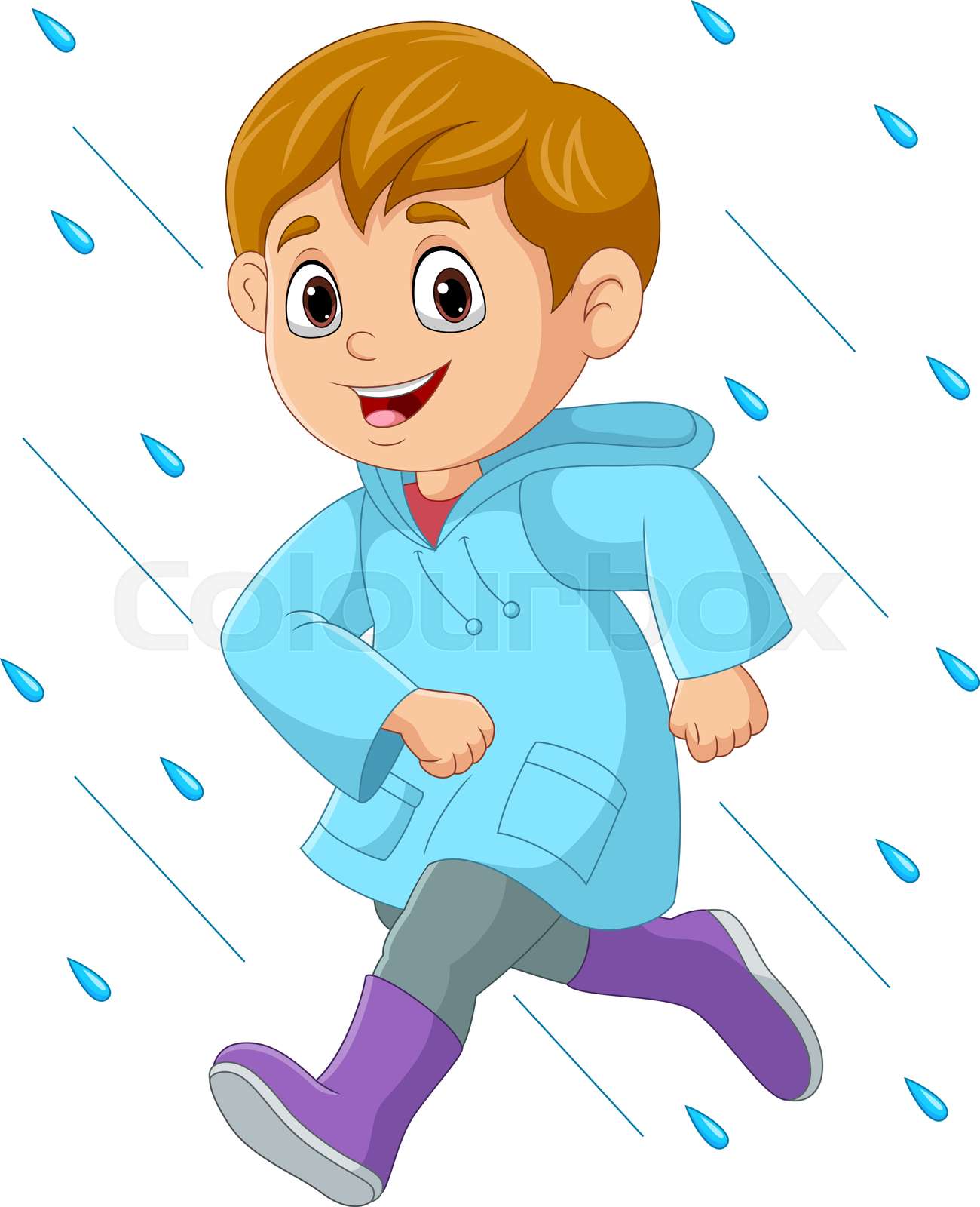 Cartoon Little Boy Running Wearing Raincoat And Boots In The Rain 